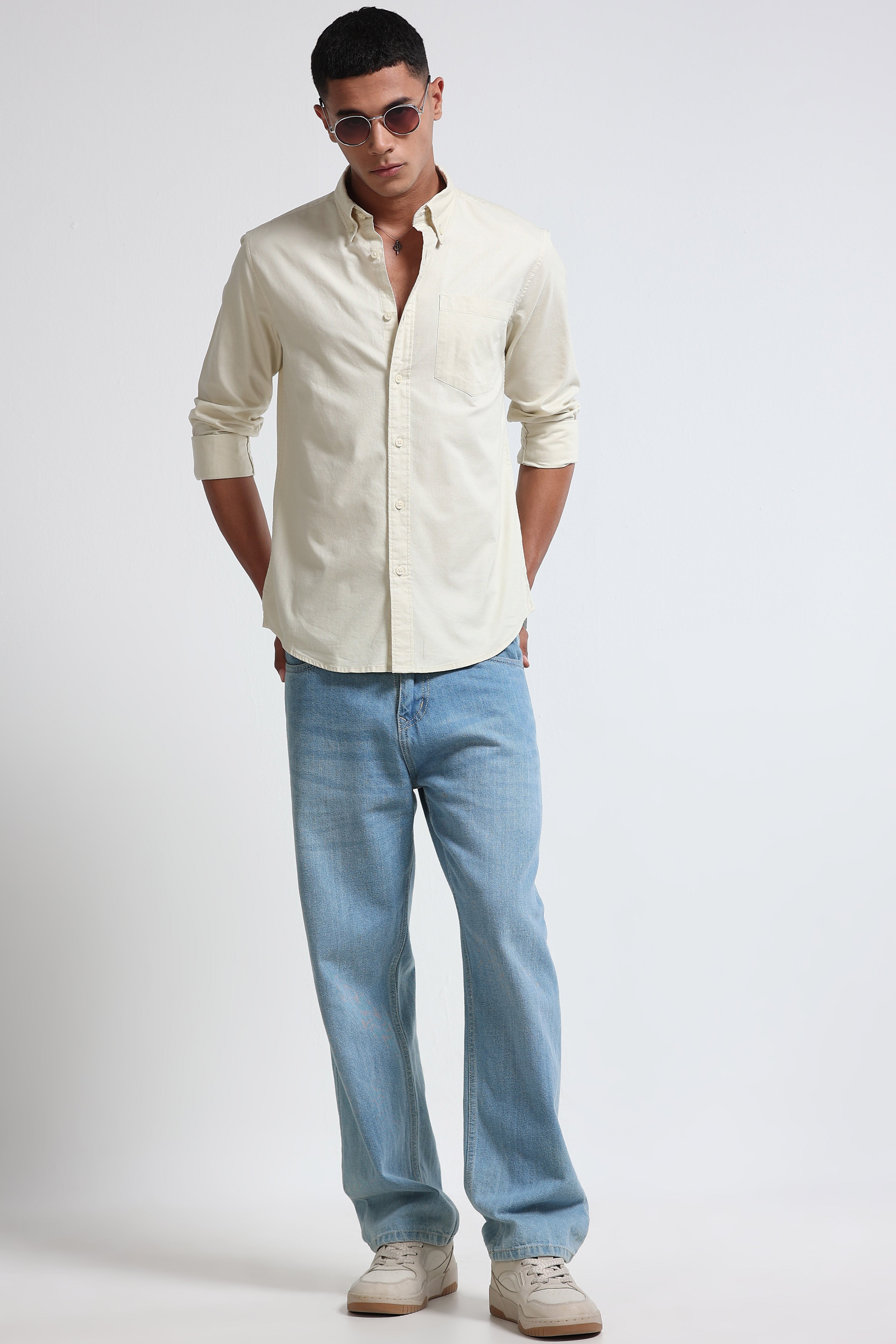 Men Cream Cotton Oxford Solid Shirt