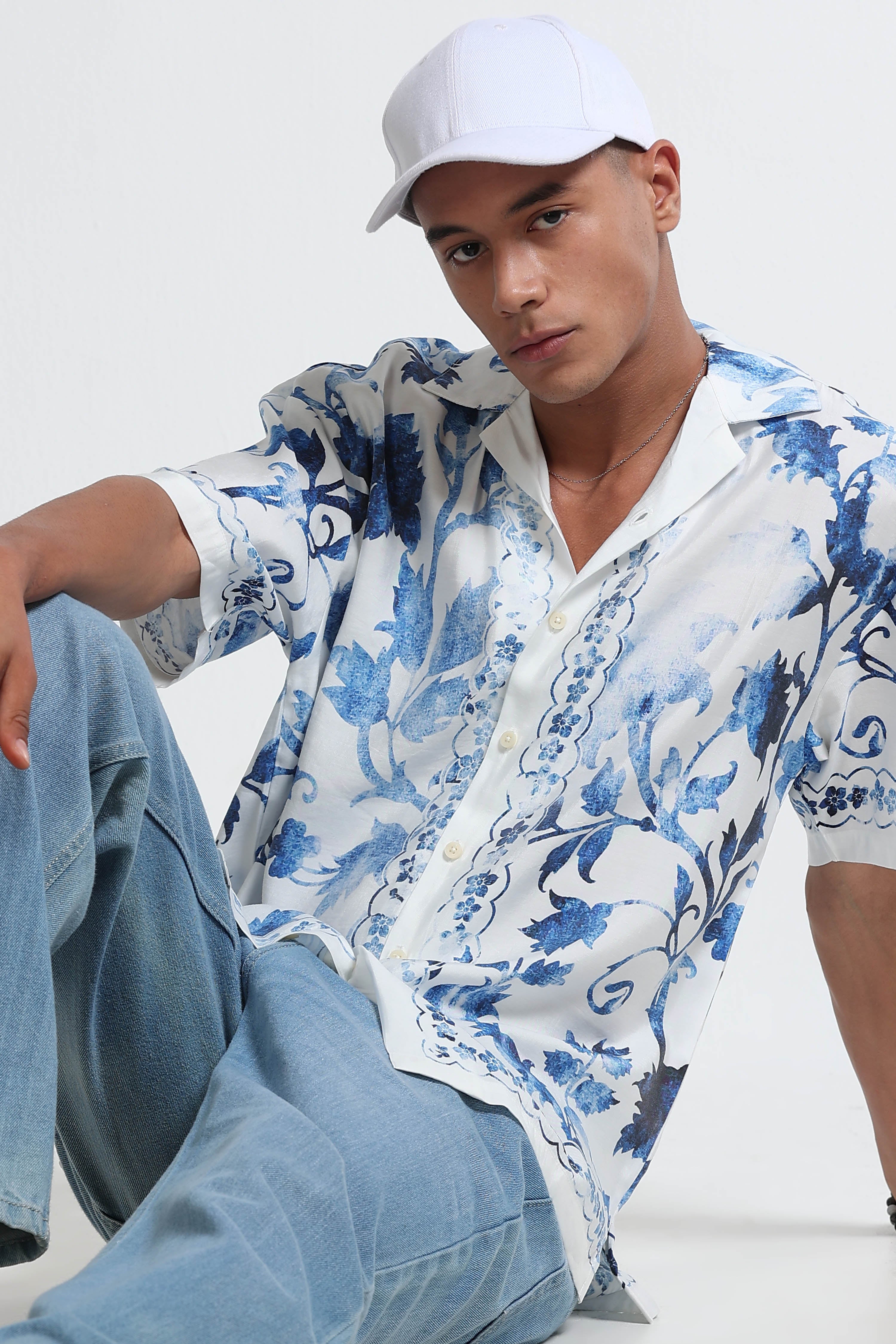 Men Blue & White Oversized Panel Print Shirt