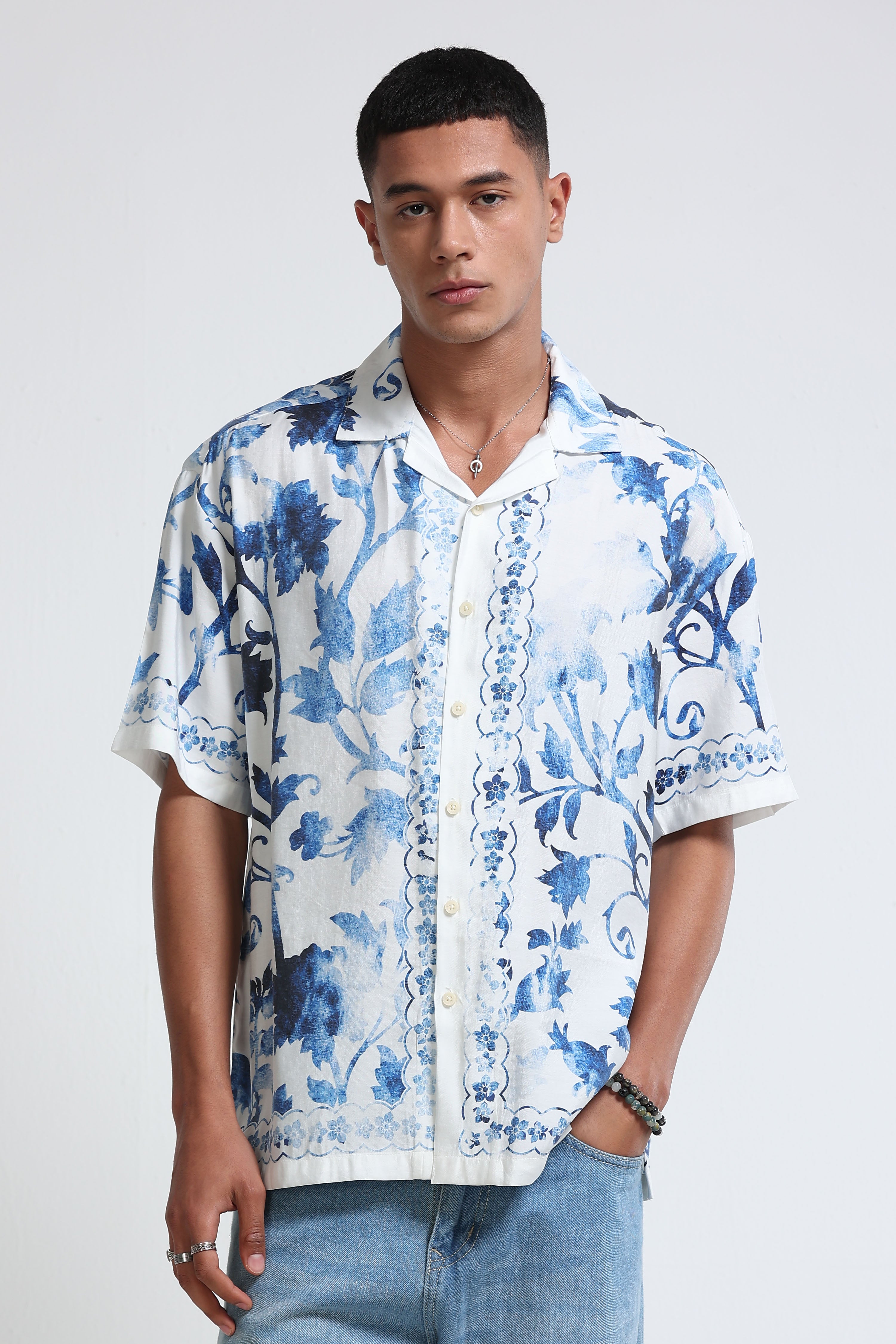 Men Blue & White Oversized Panel Print Shirt
