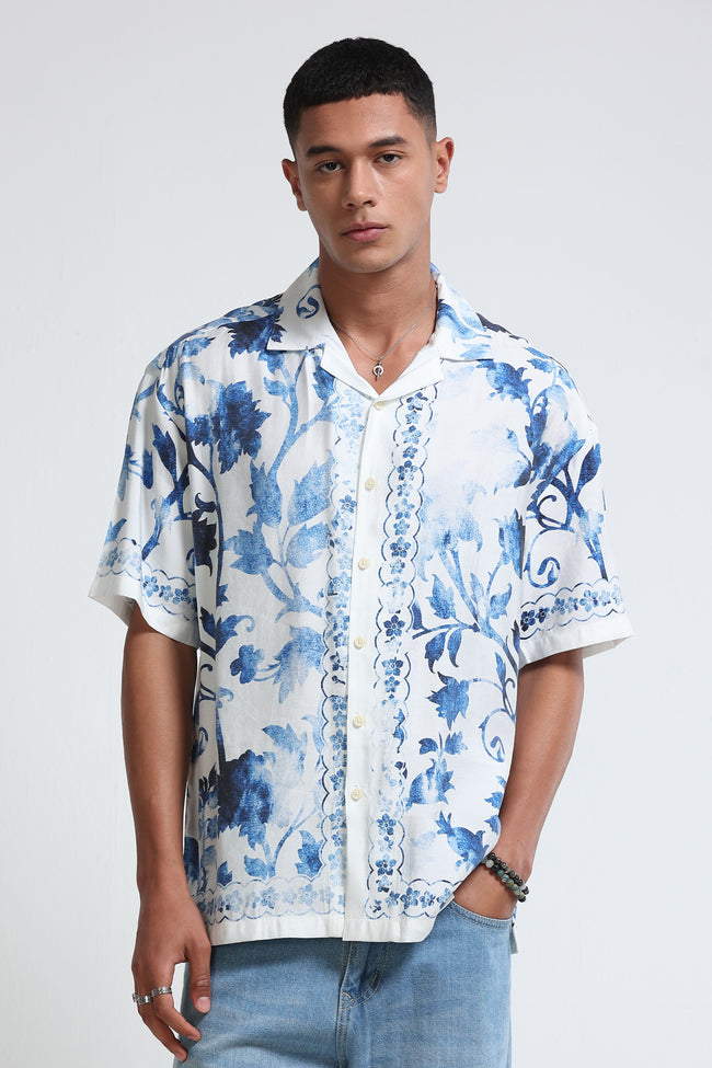 Men Blue & White Oversized Panel Print Shirt