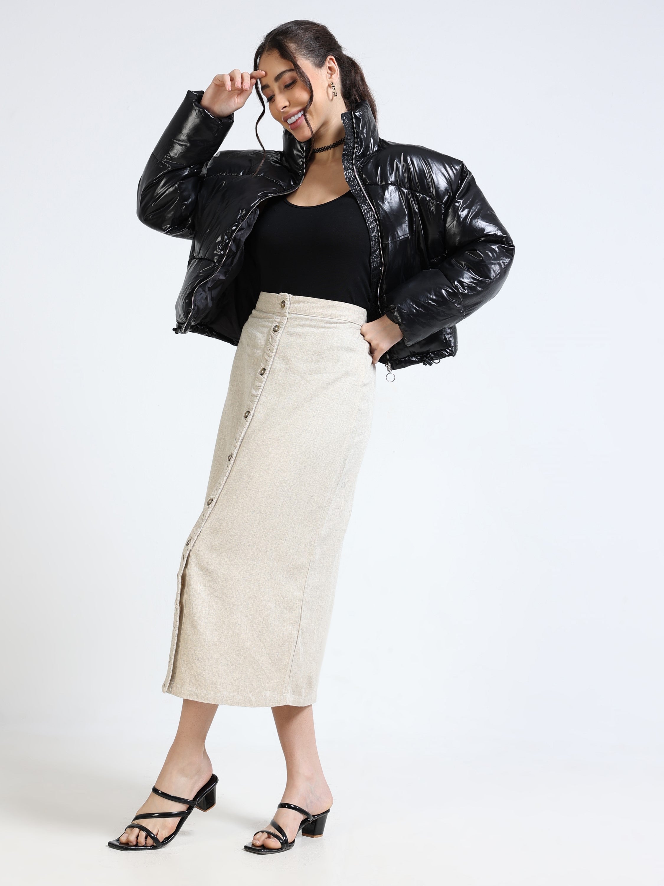 Women Cream Pencil Fit Skirt