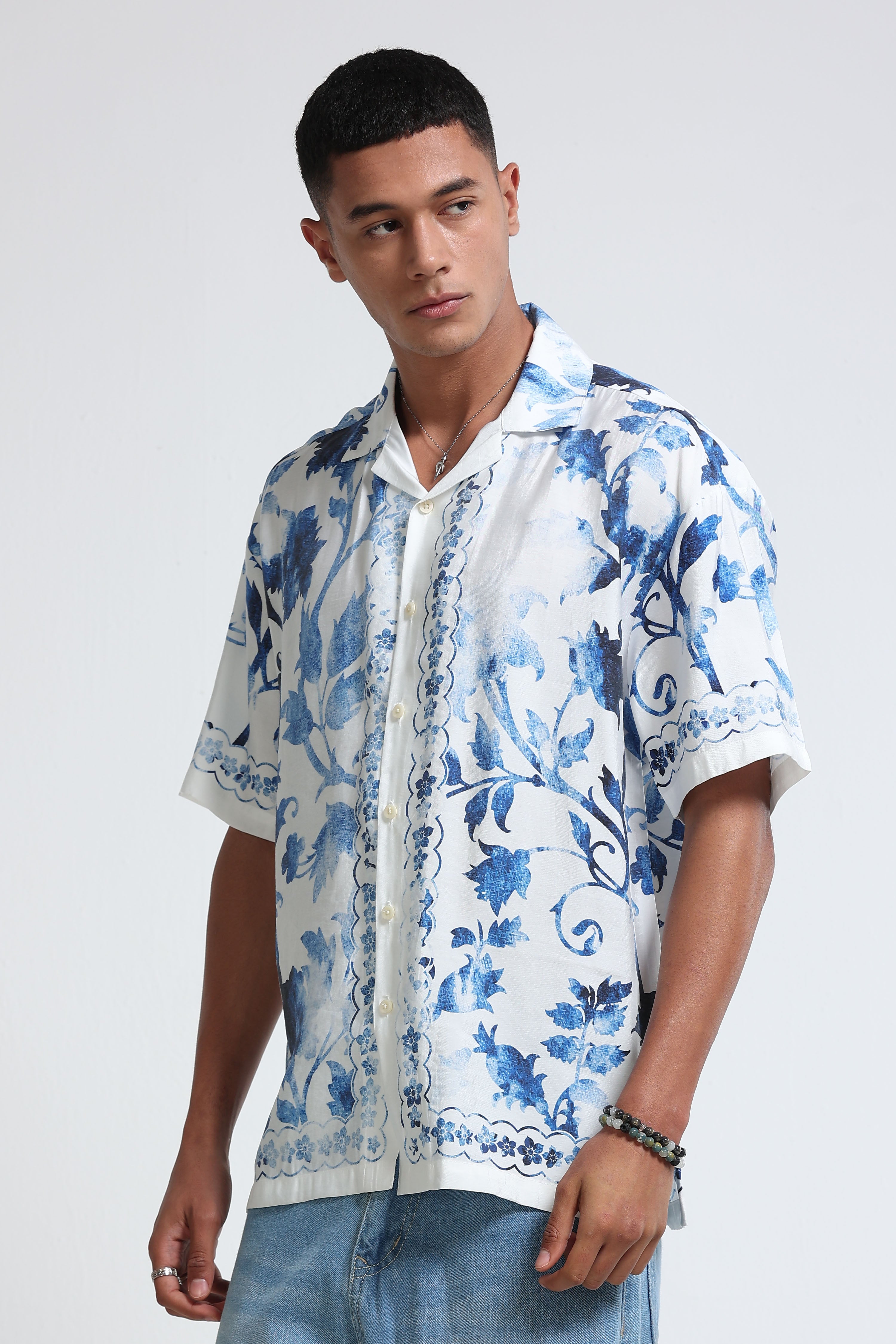 Men Blue & White Oversized Panel Print Shirt