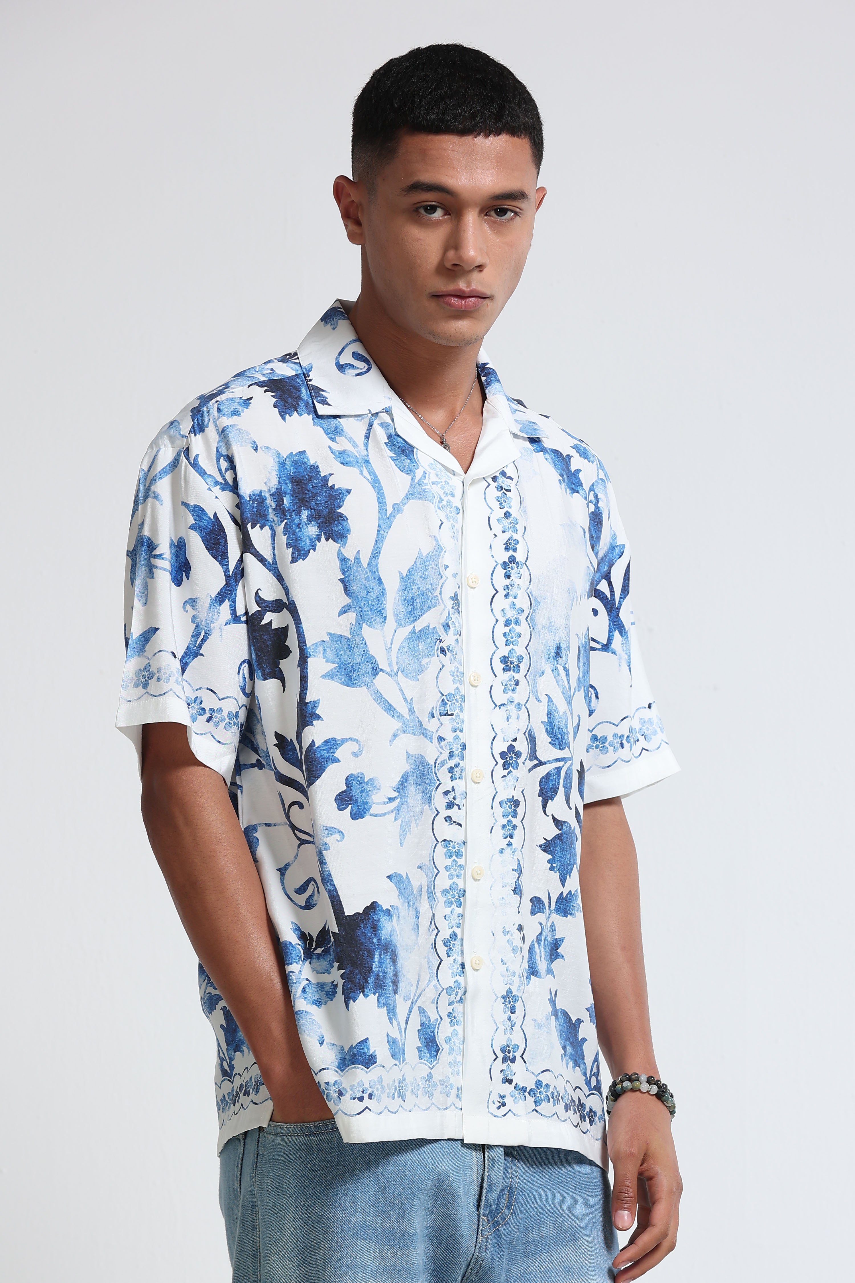 Men Blue & White Oversized Panel Print Shirt