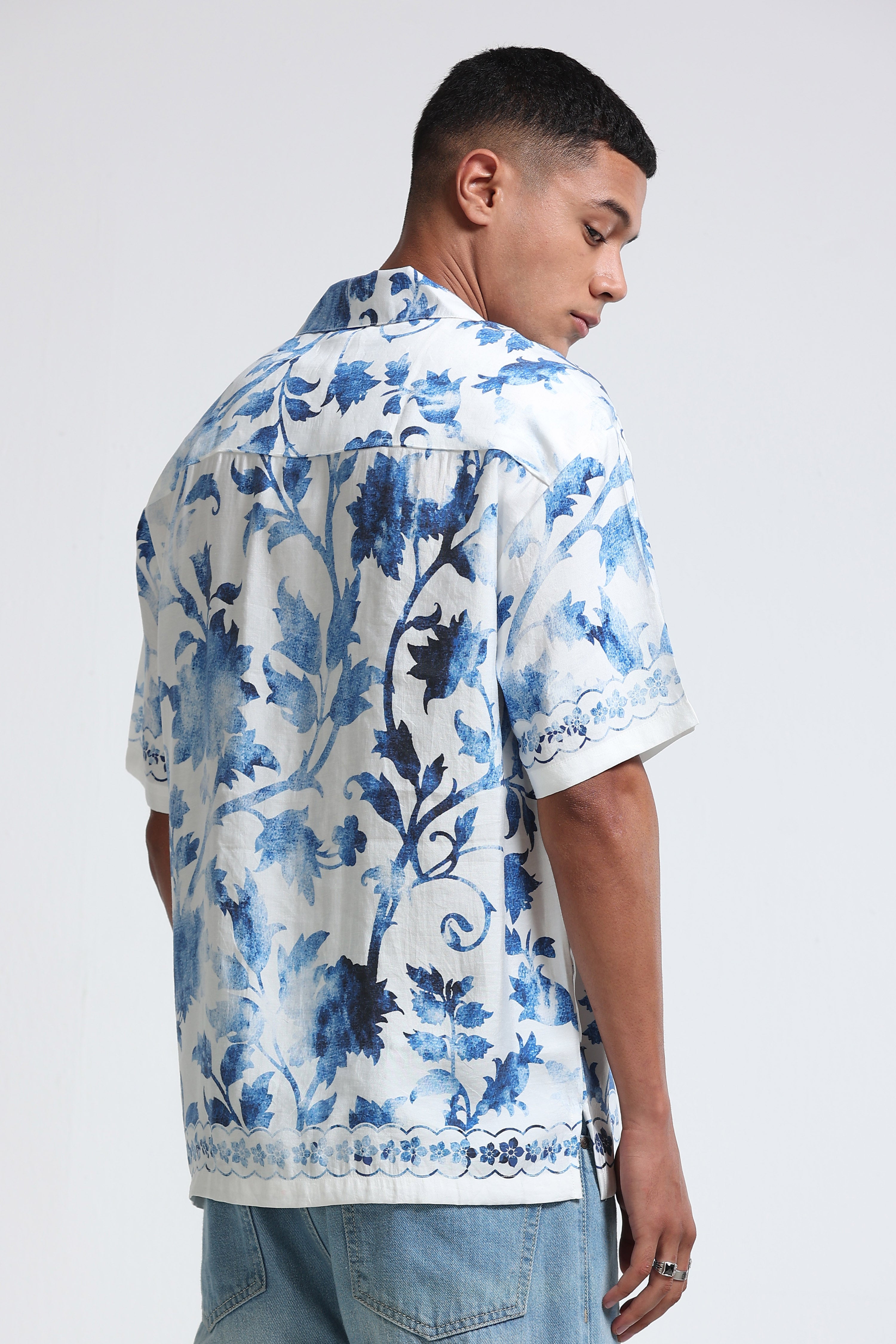 Men Blue & White Oversized Panel Print Shirt