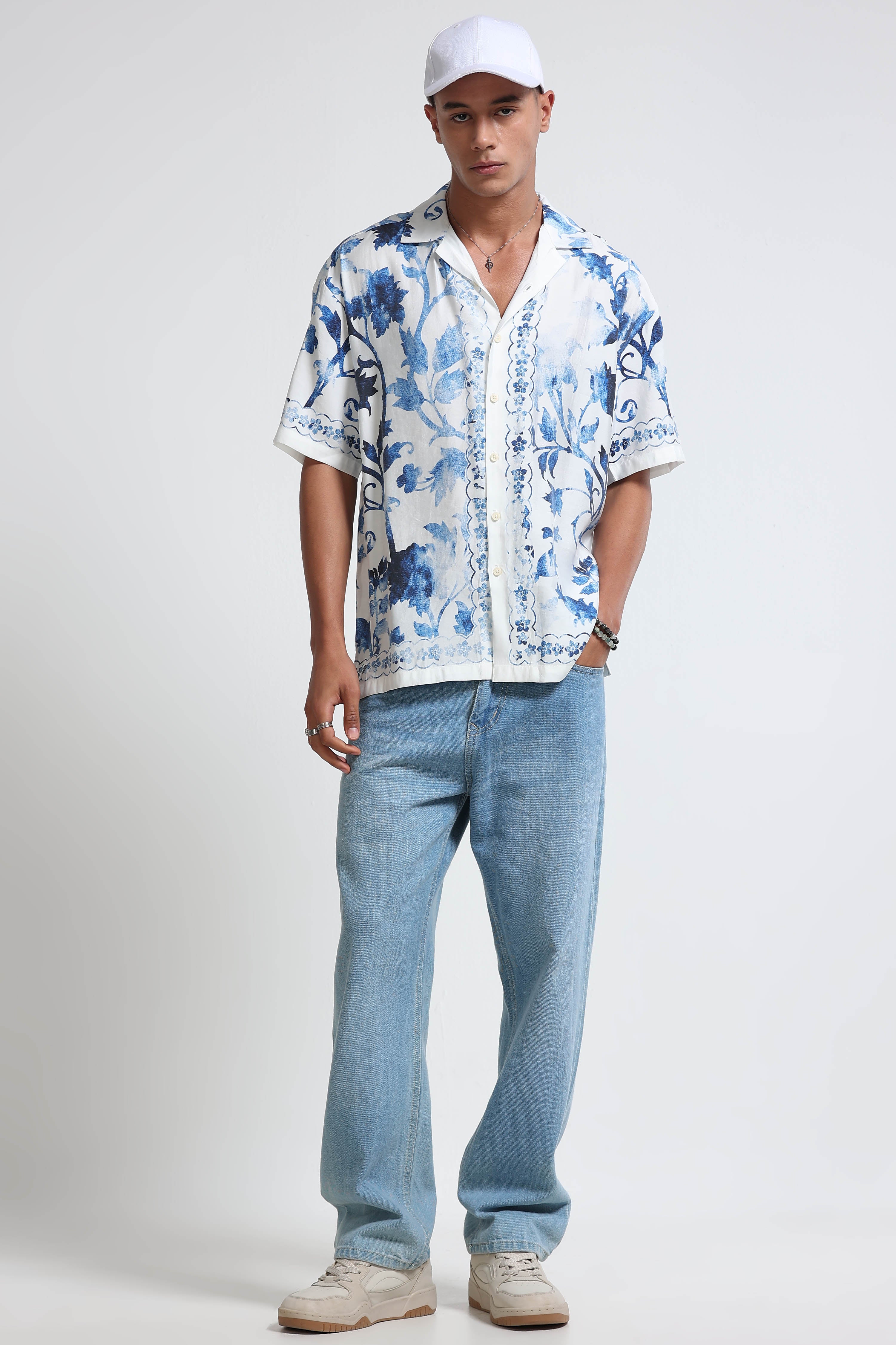 Men Blue & White Oversized Panel Print Shirt