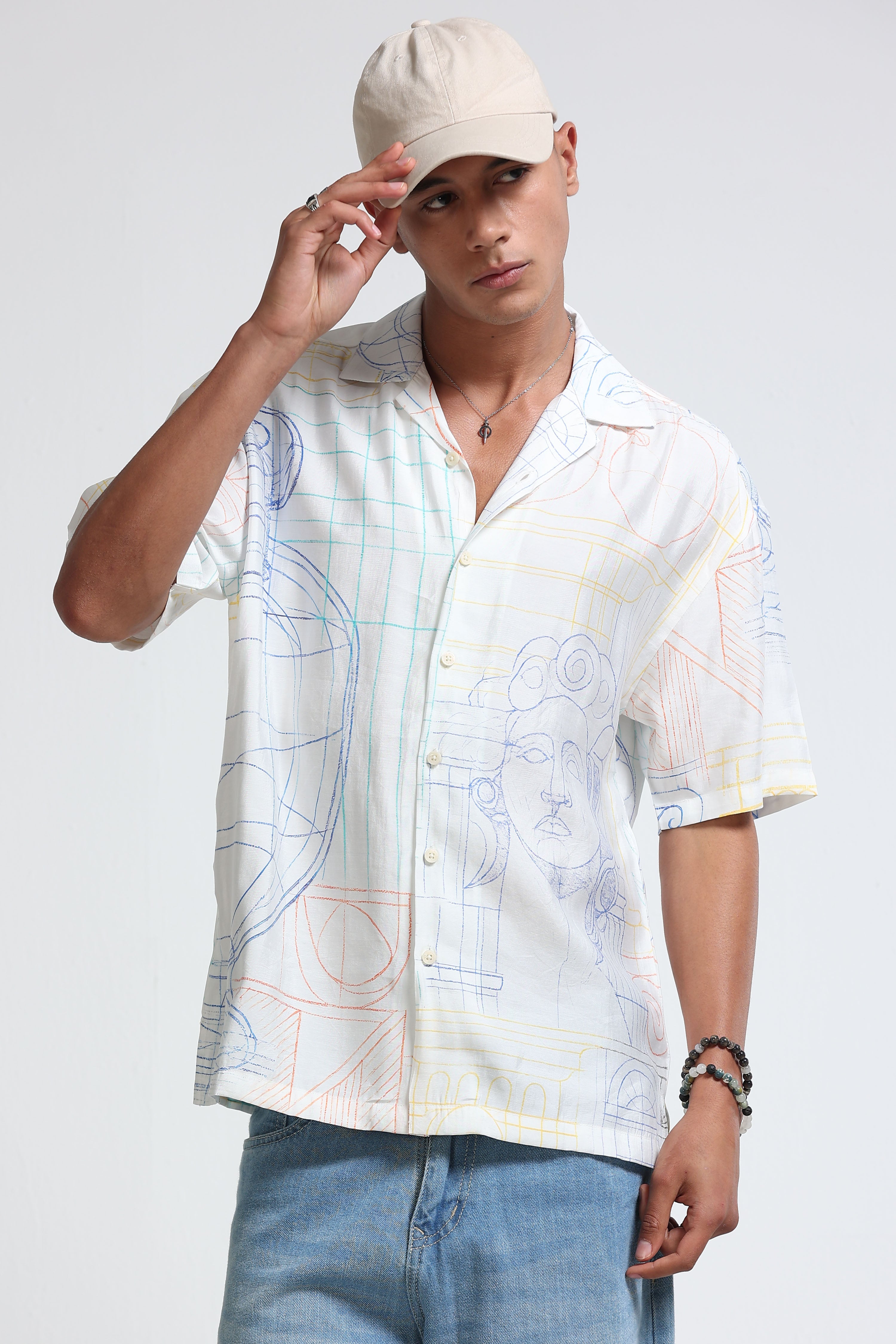 Men Blue Oversized Panel Print Shirt