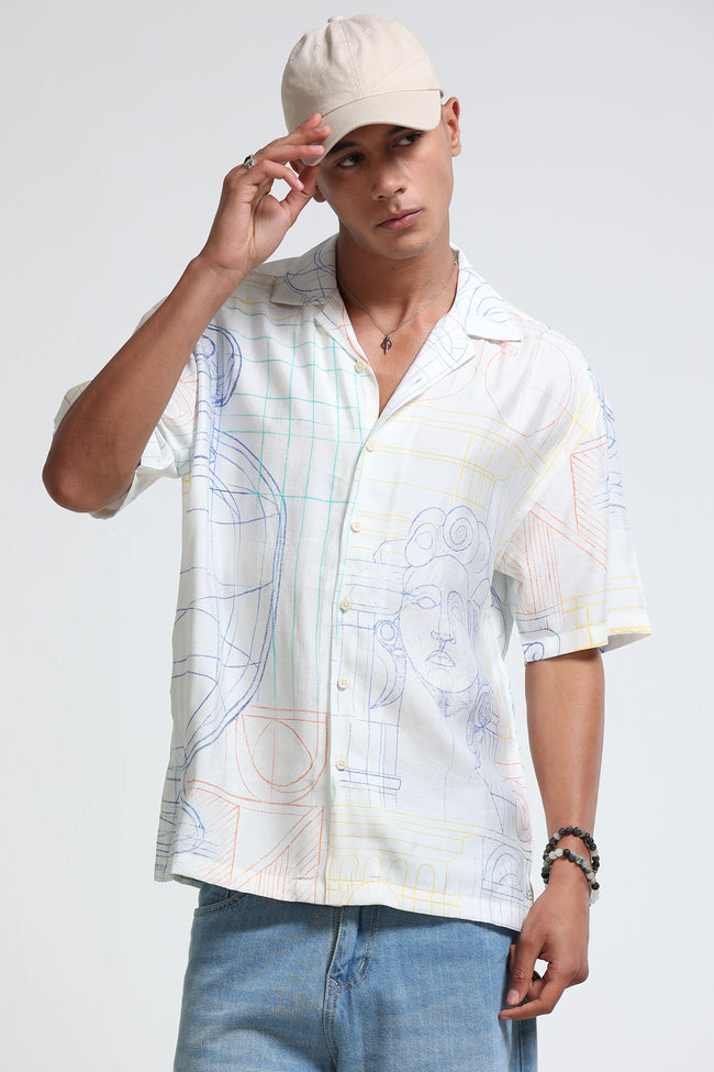 Men Blue Oversized Panel Print Shirt