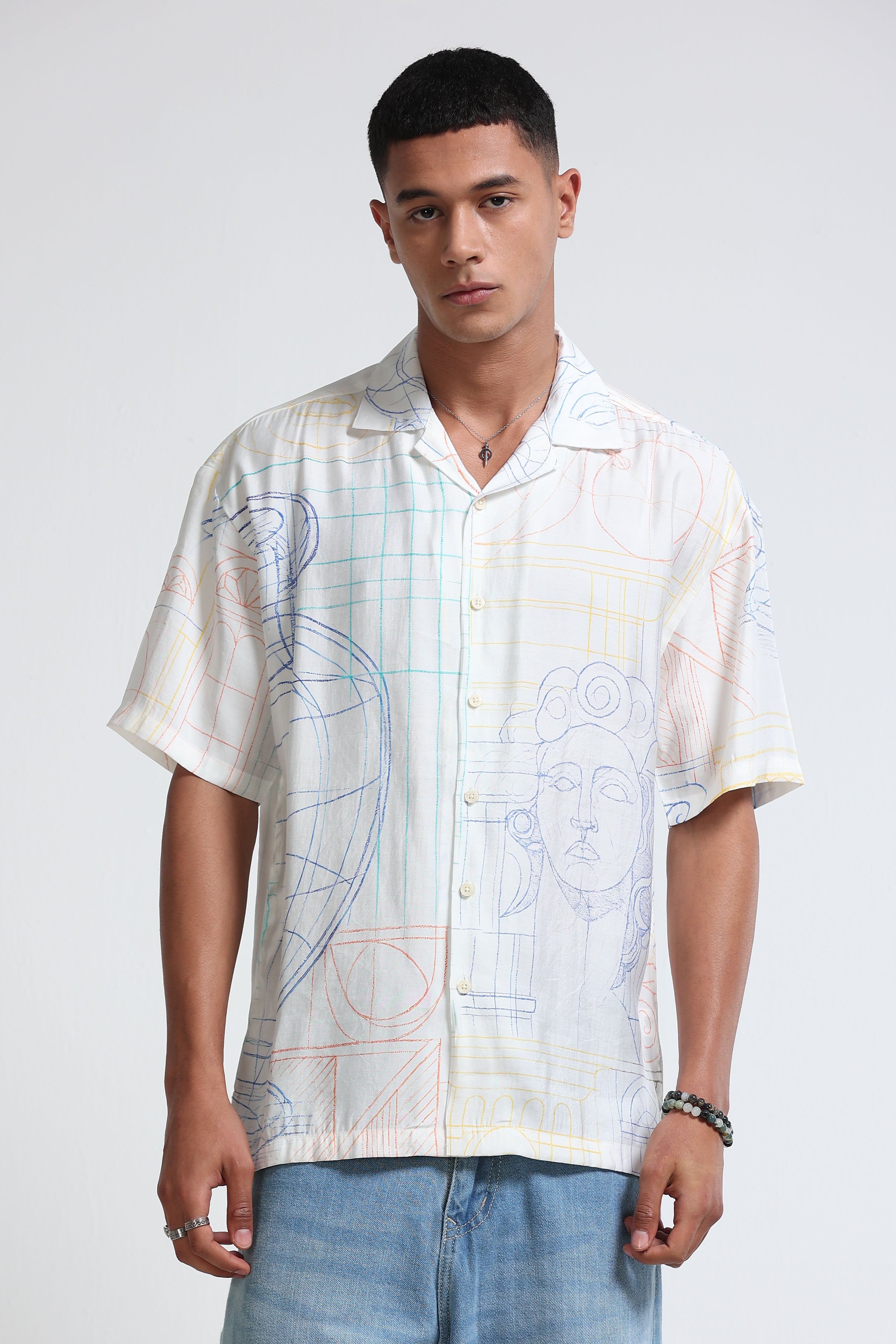 Men Blue Oversized Panel Print Shirt