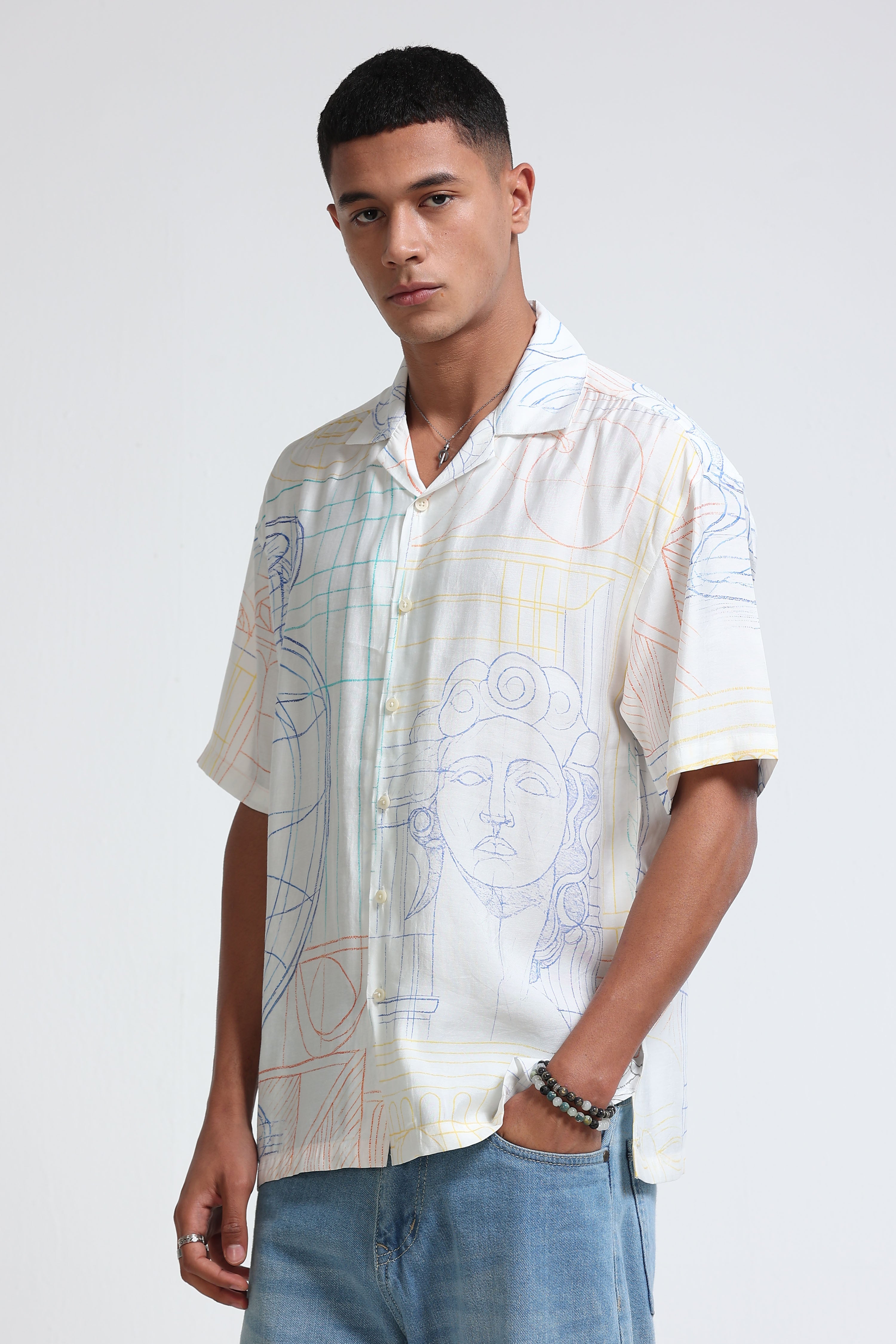 Men Blue Oversized Panel Print Shirt