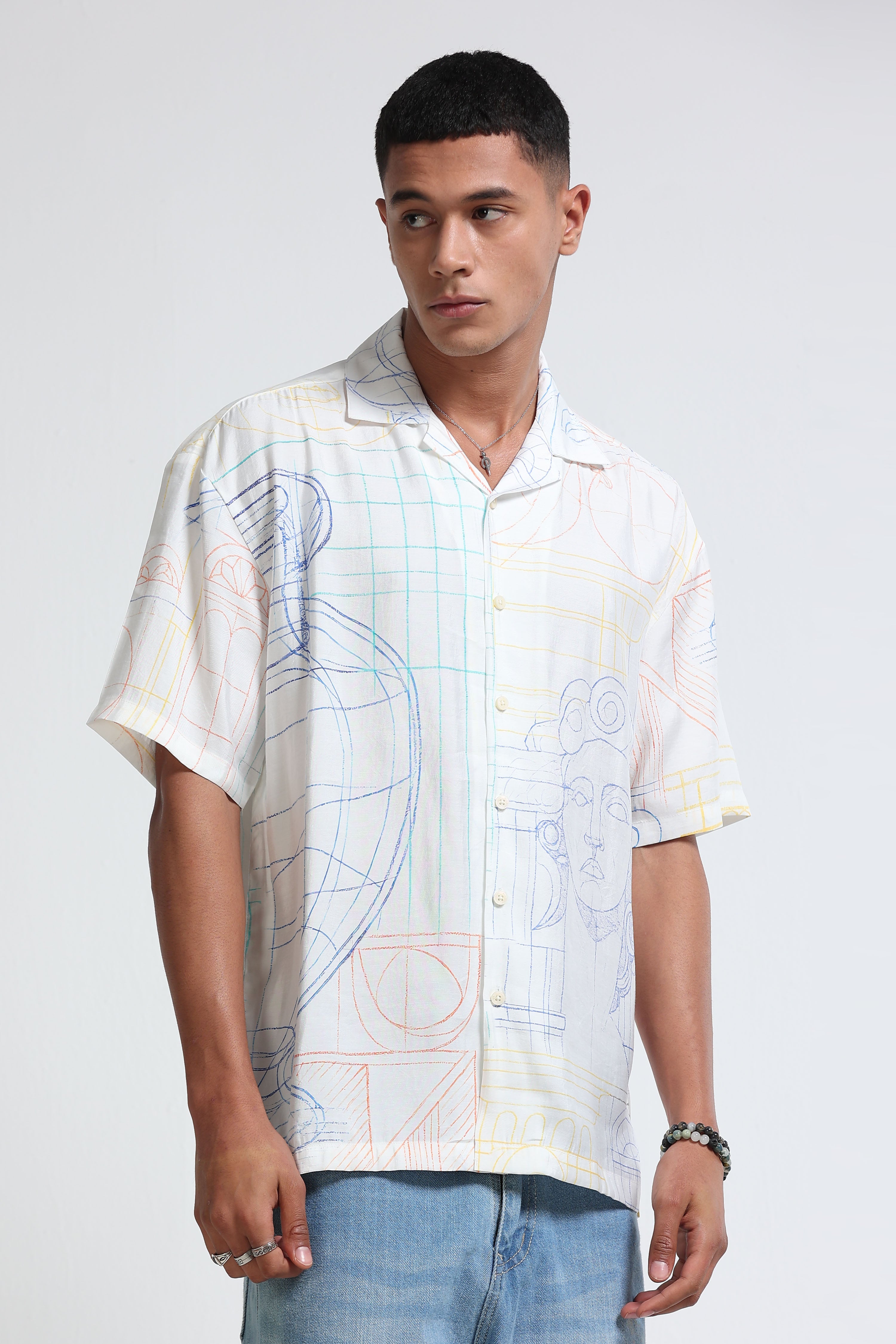 Men Blue Oversized Panel Print Shirt