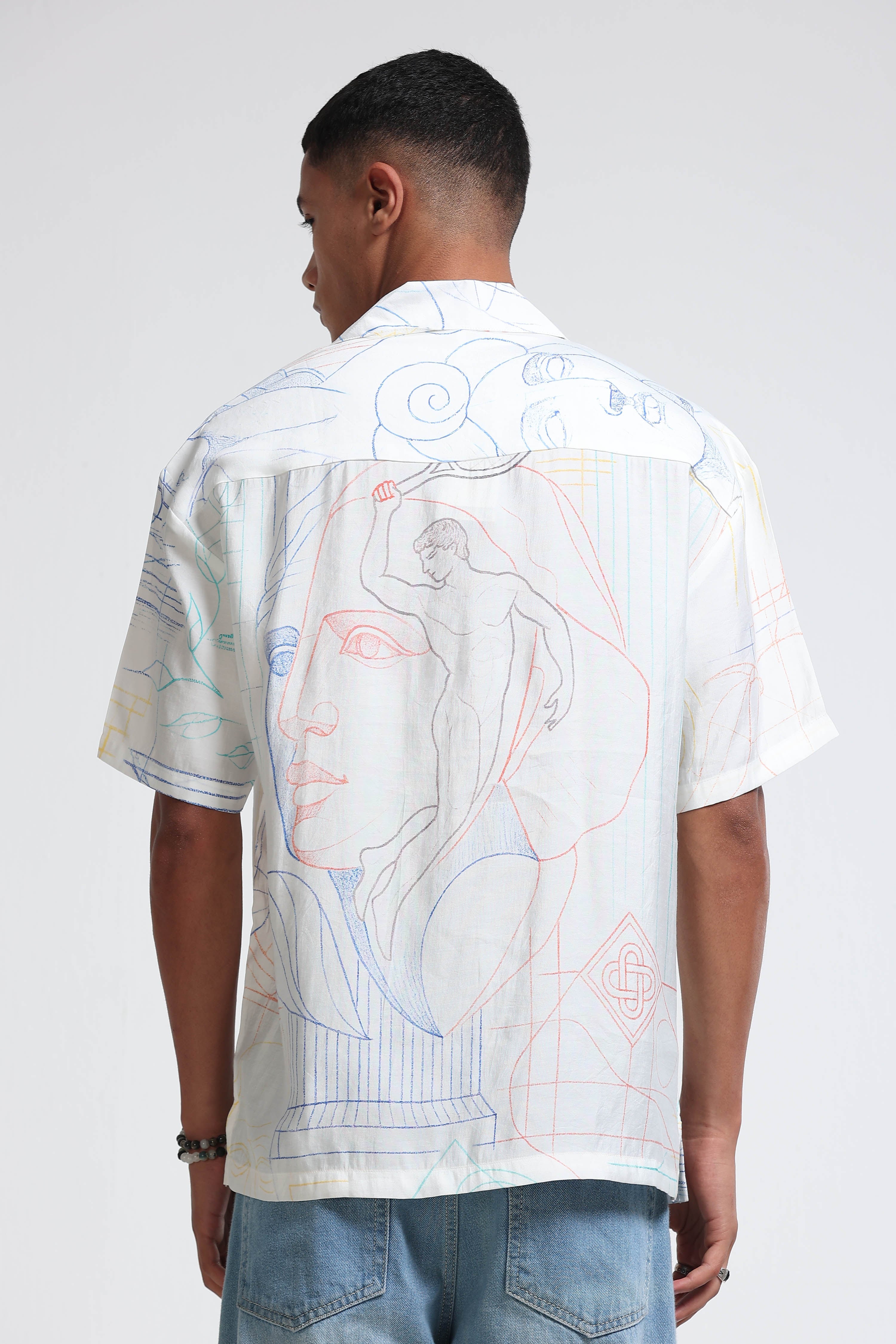Men Blue Oversized Panel Print Shirt