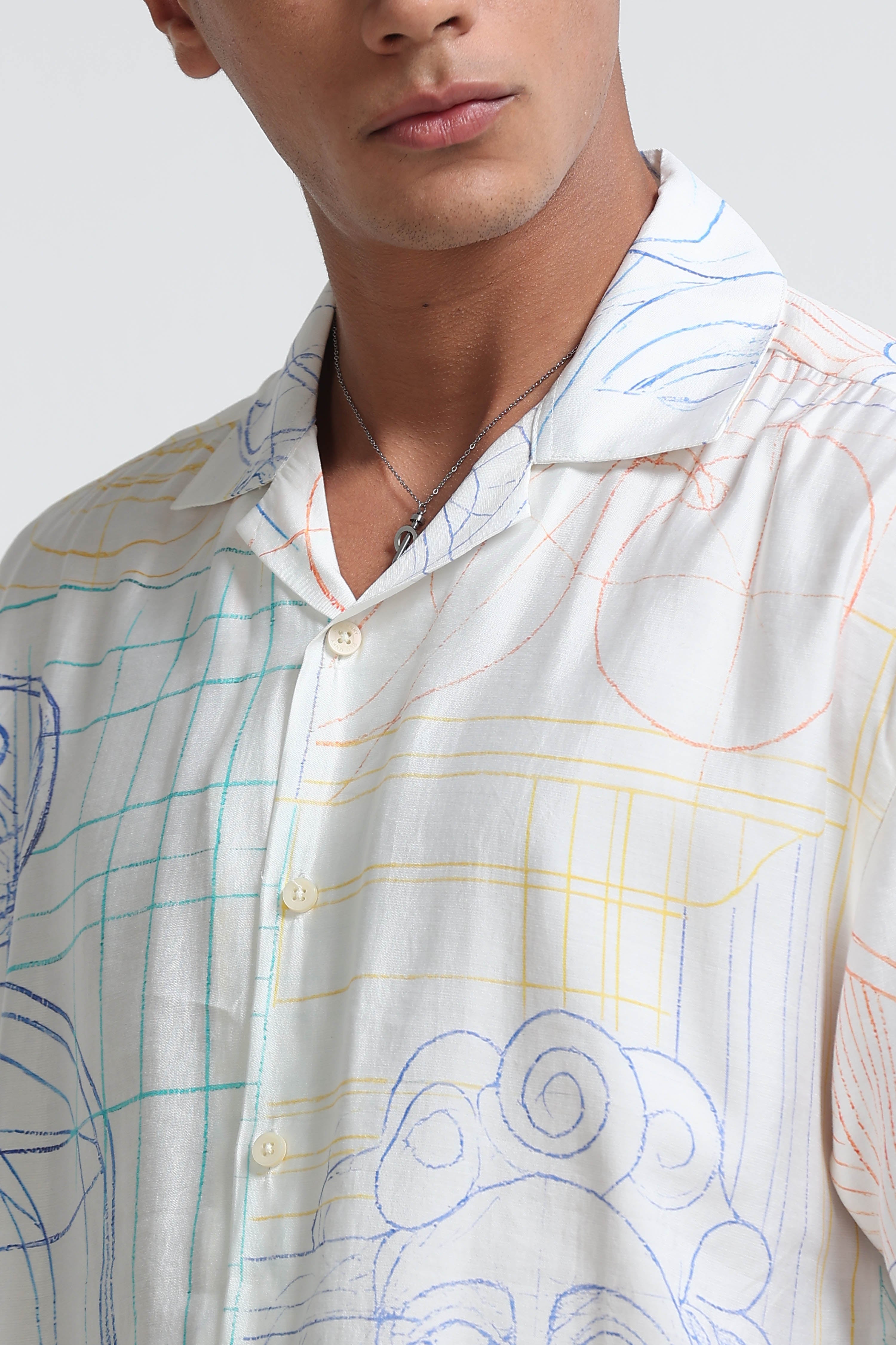 Men Blue Oversized Panel Print Shirt
