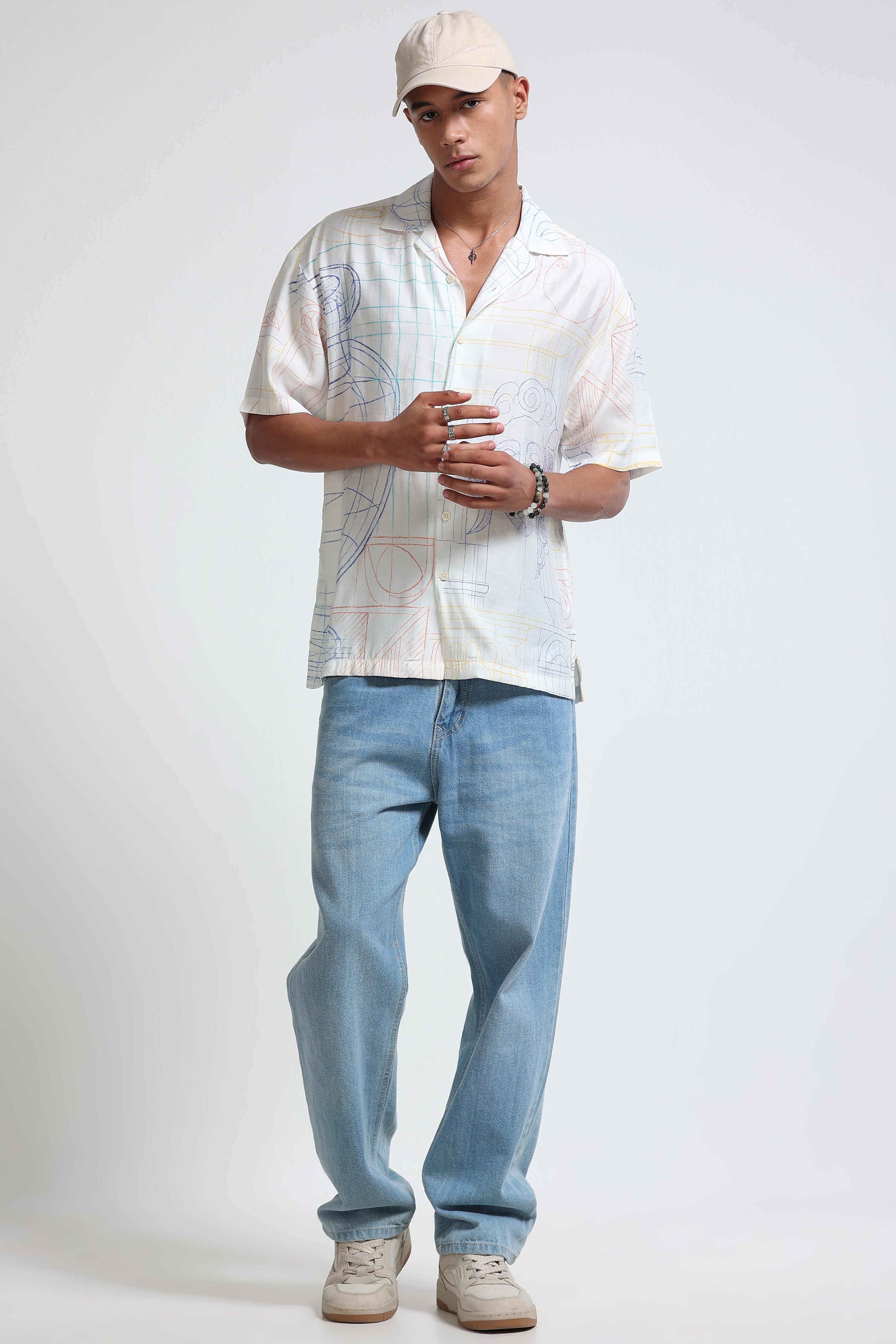 Men Blue Oversized Panel Print Shirt