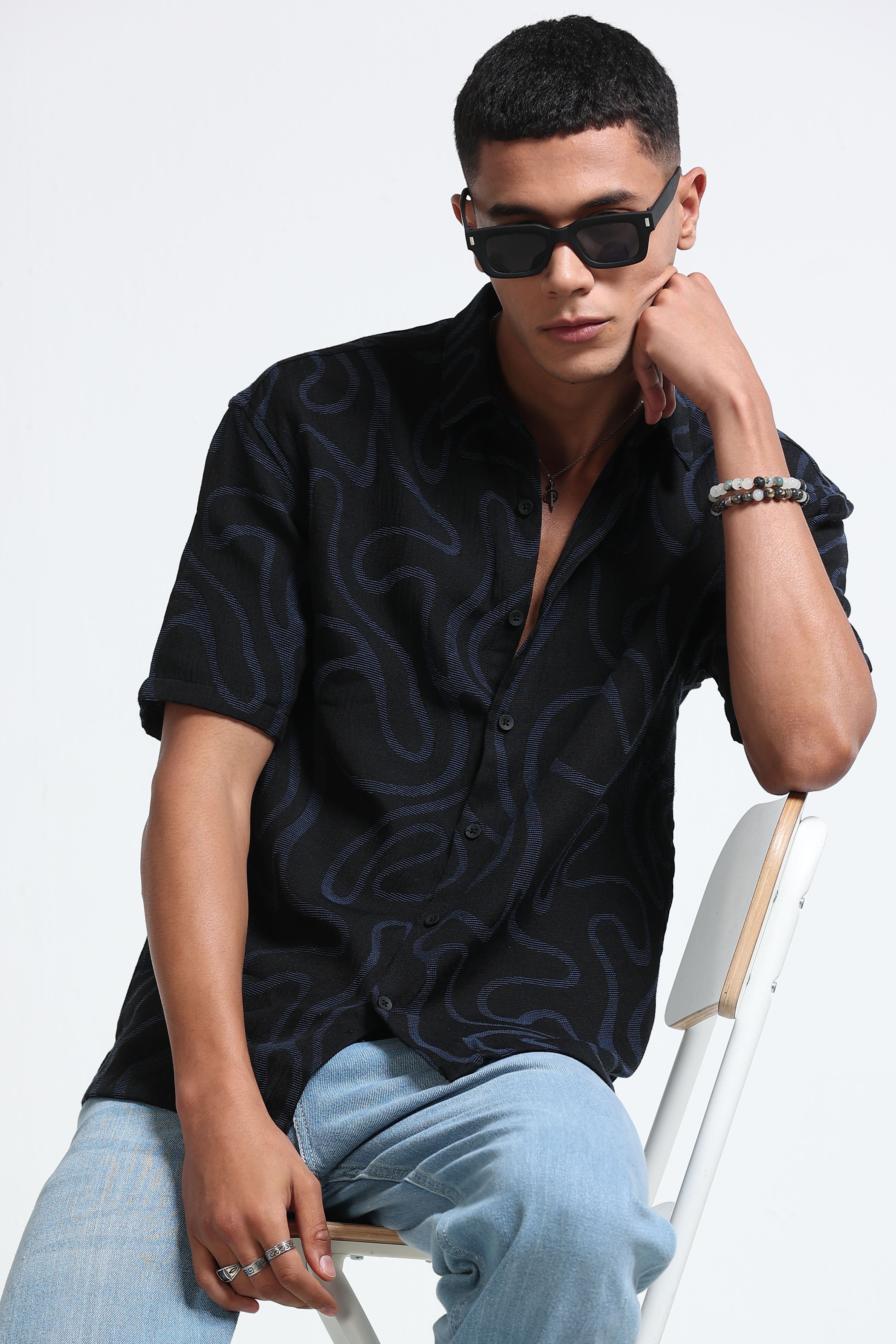 Men Black Blue Jacquard Boxy Fit Shirt