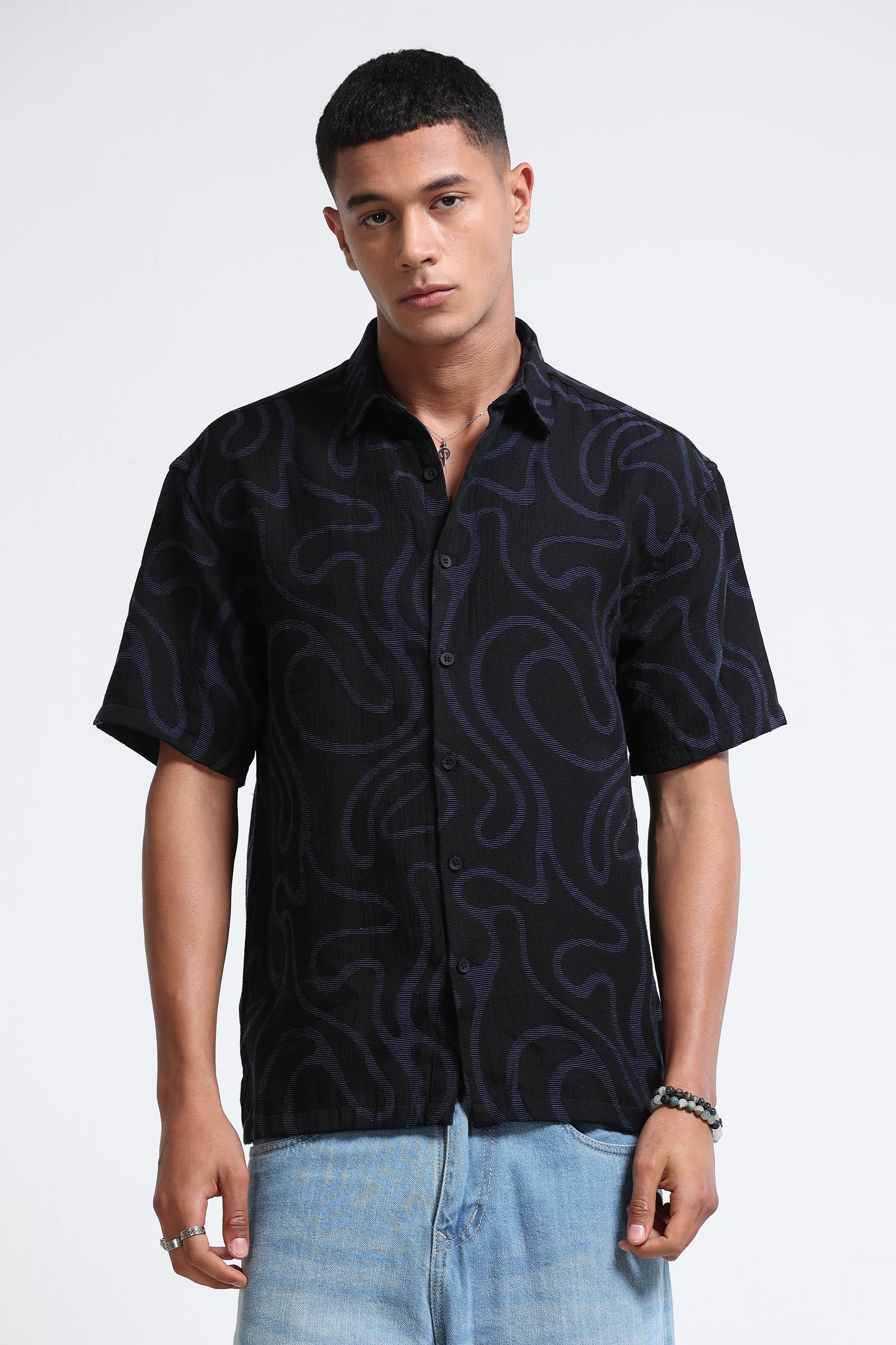 Men Black Blue Jacquard Boxy Fit Shirt