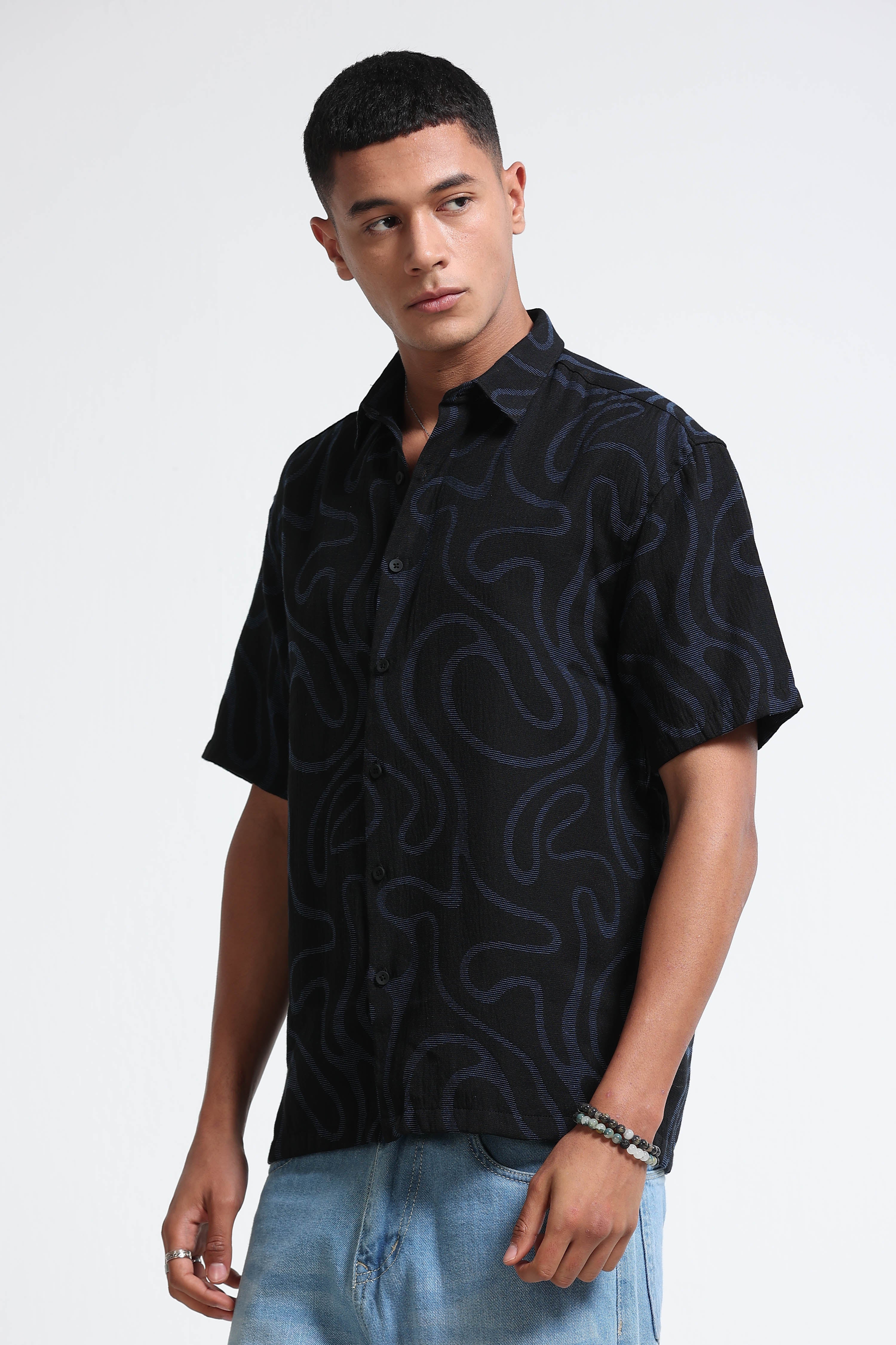 Men Black Blue Jacquard Boxy Fit Shirt