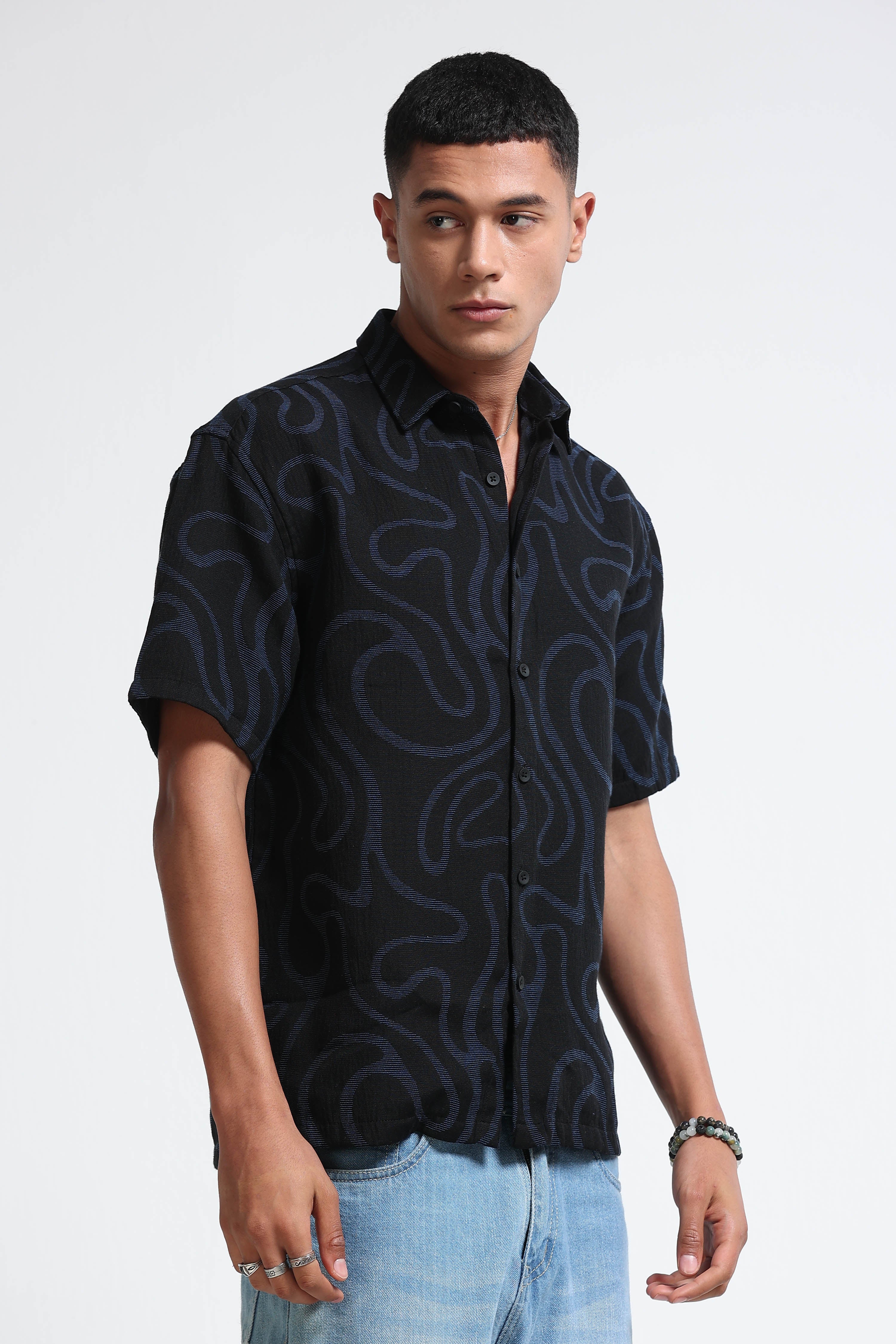 Men Black Blue Jacquard Boxy Fit Shirt