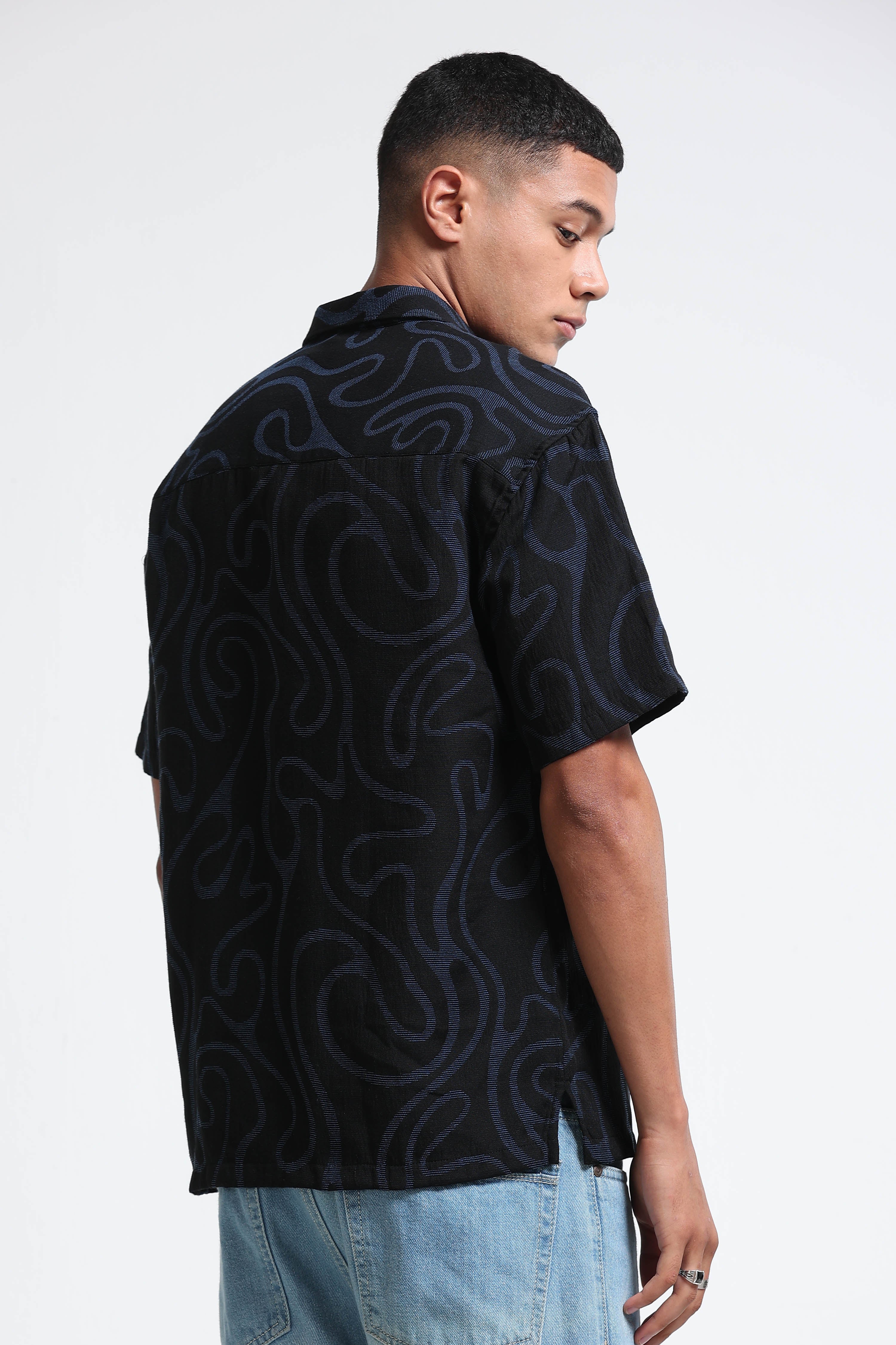 Men Black Blue Jacquard Boxy Fit Shirt