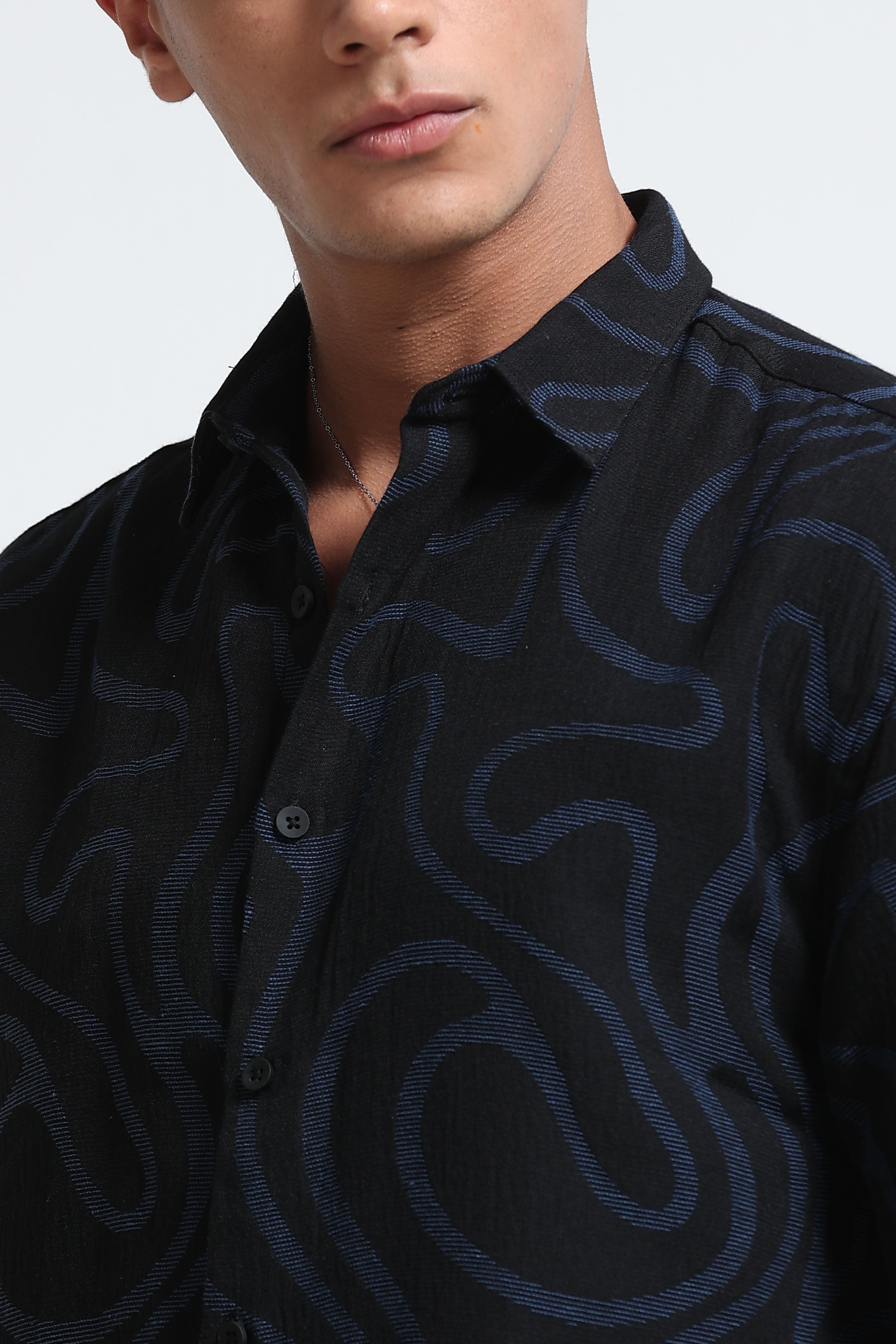 Men Black Blue Jacquard Boxy Fit Shirt