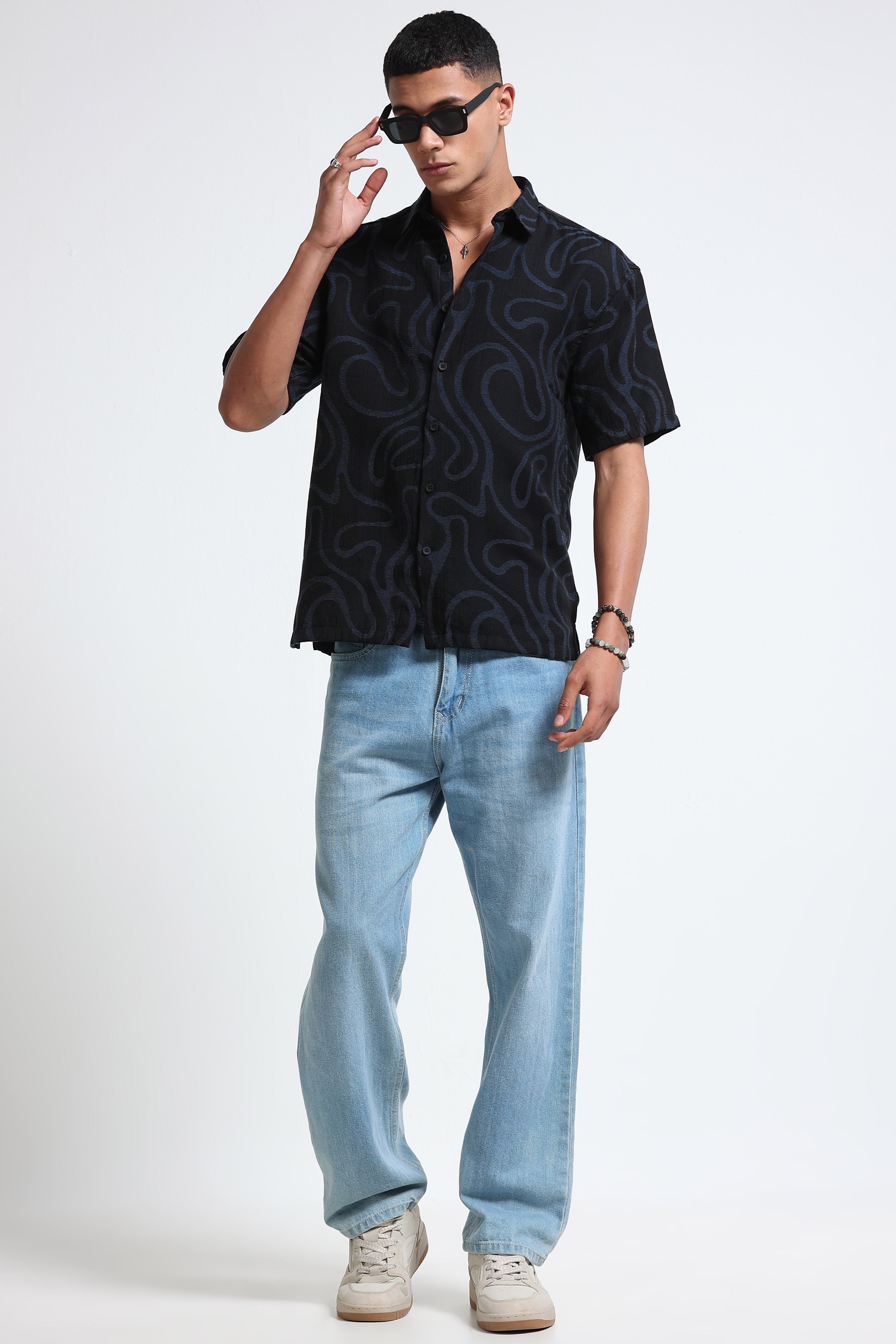 Men Black Blue Jacquard Boxy Fit Shirt