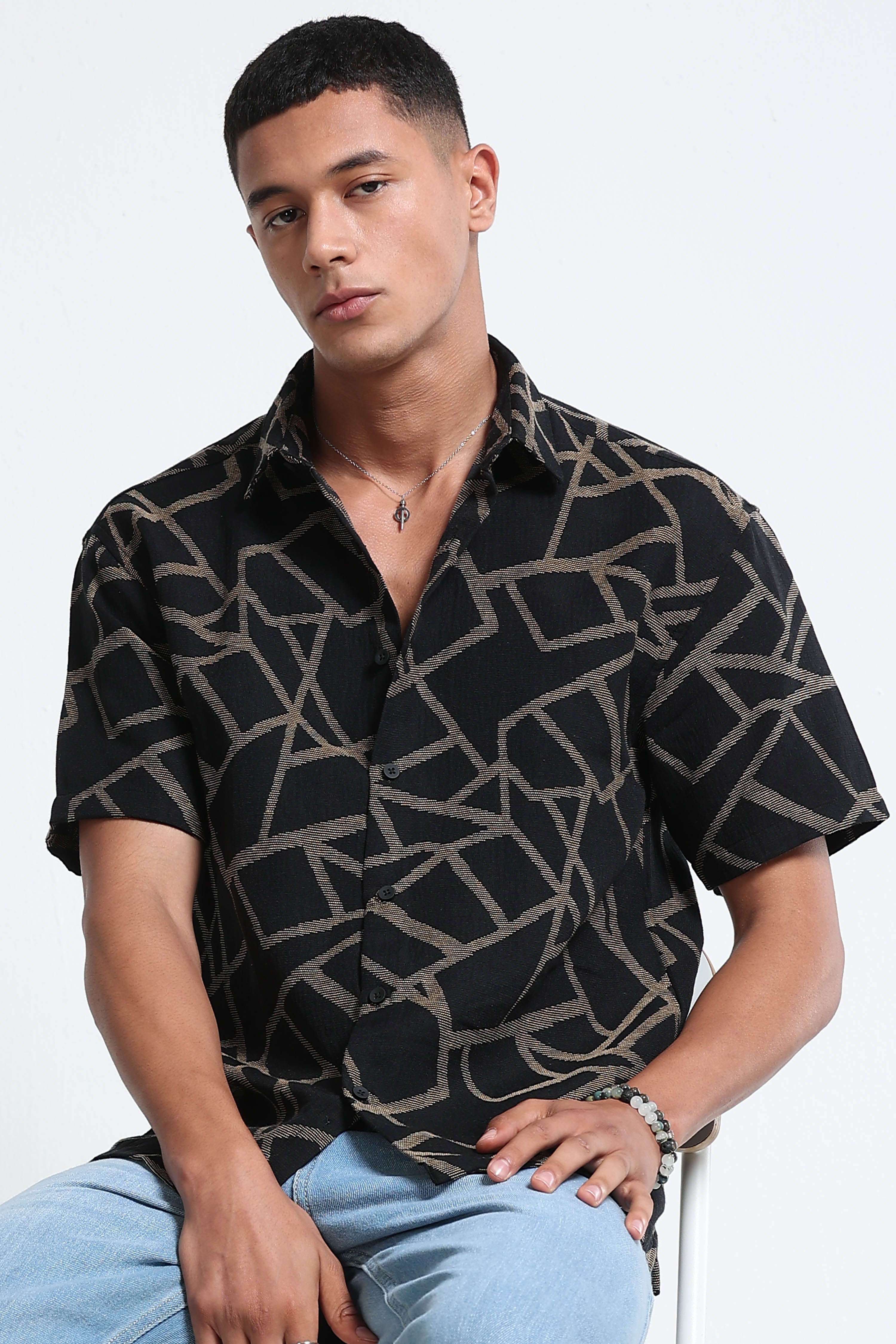 Men Yellow Jacquard Boxy Fit Shirt