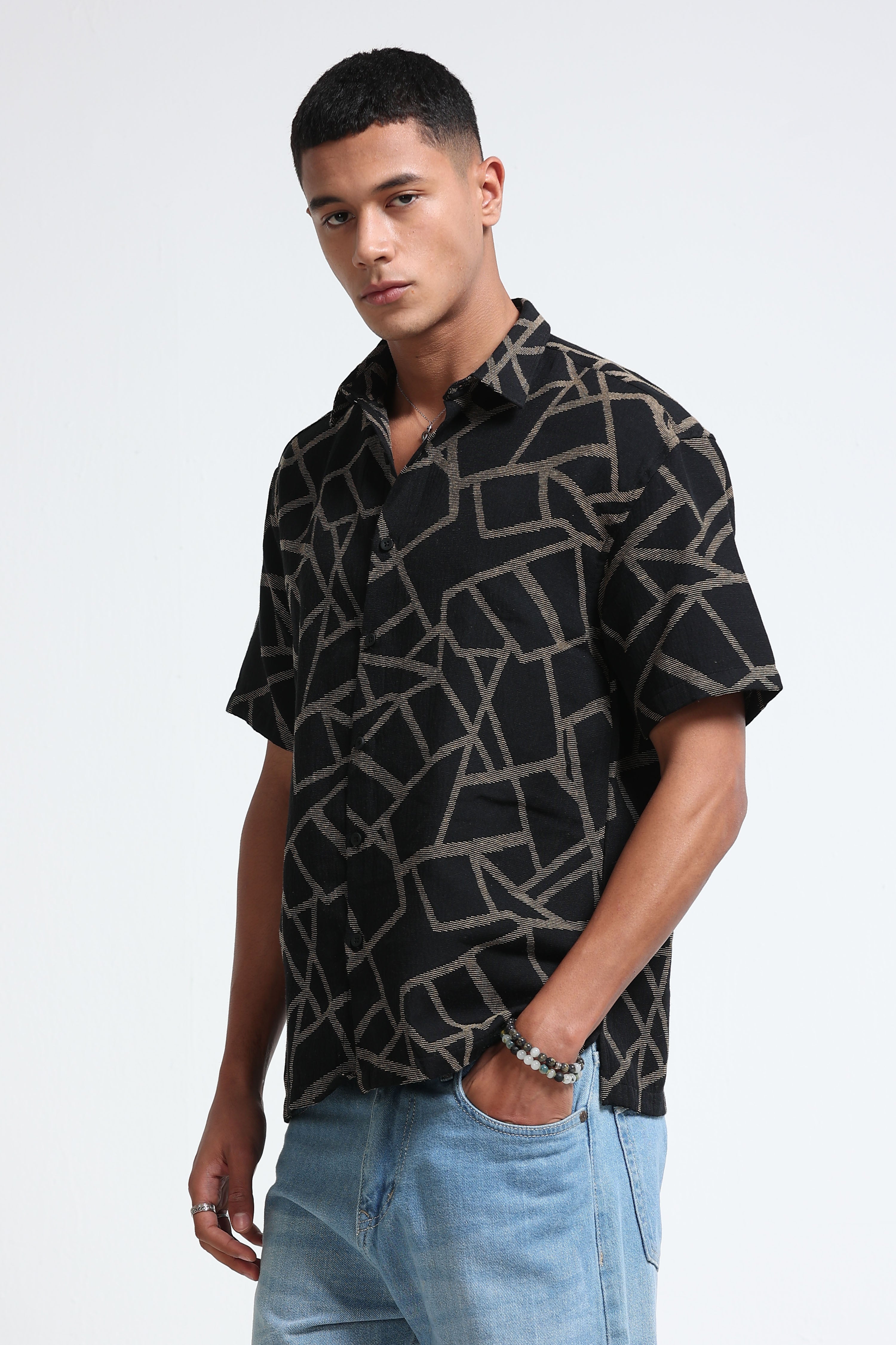 Men Yellow Jacquard Boxy Fit Shirt