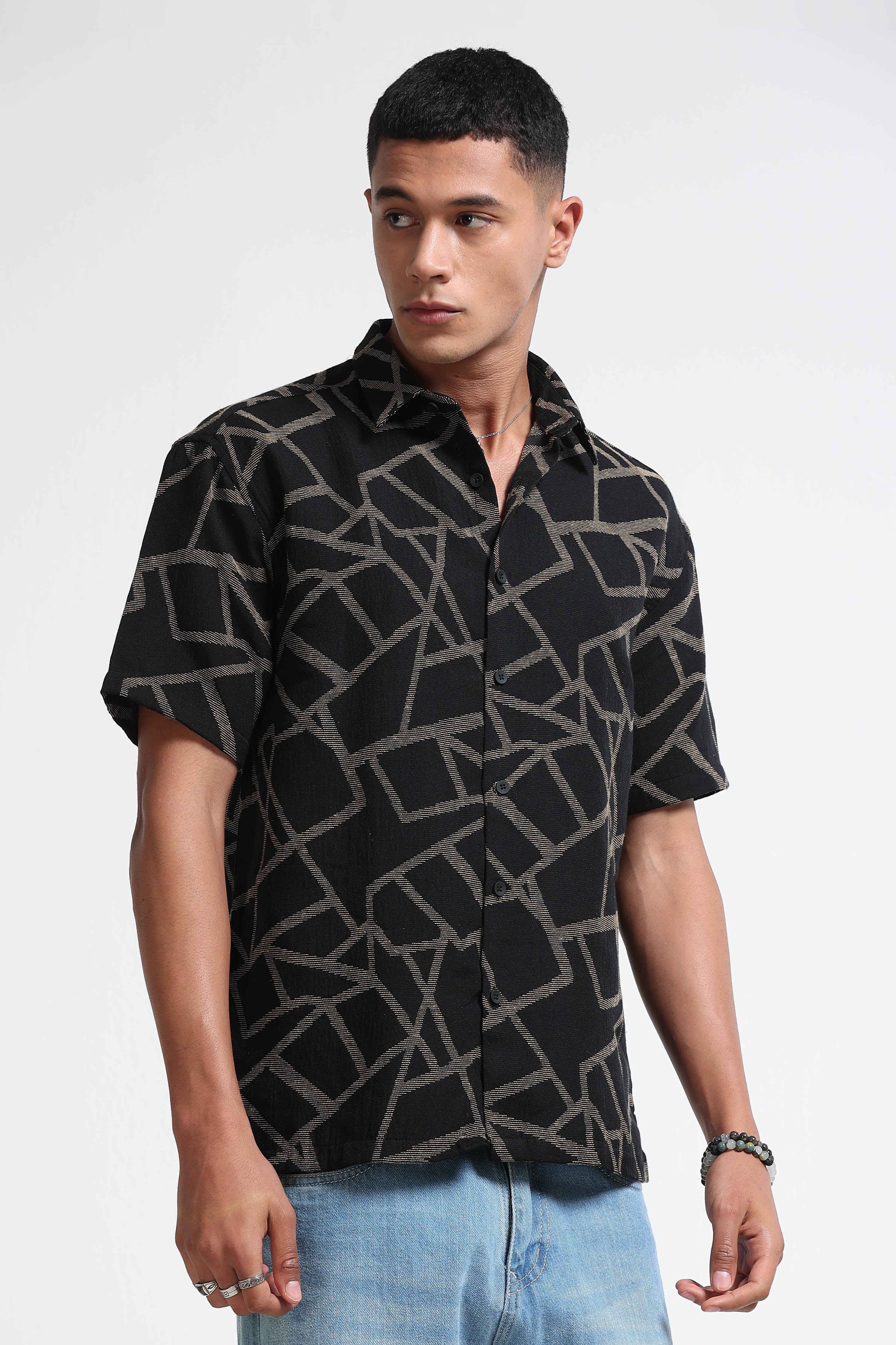 Men Yellow Jacquard Boxy Fit Shirt