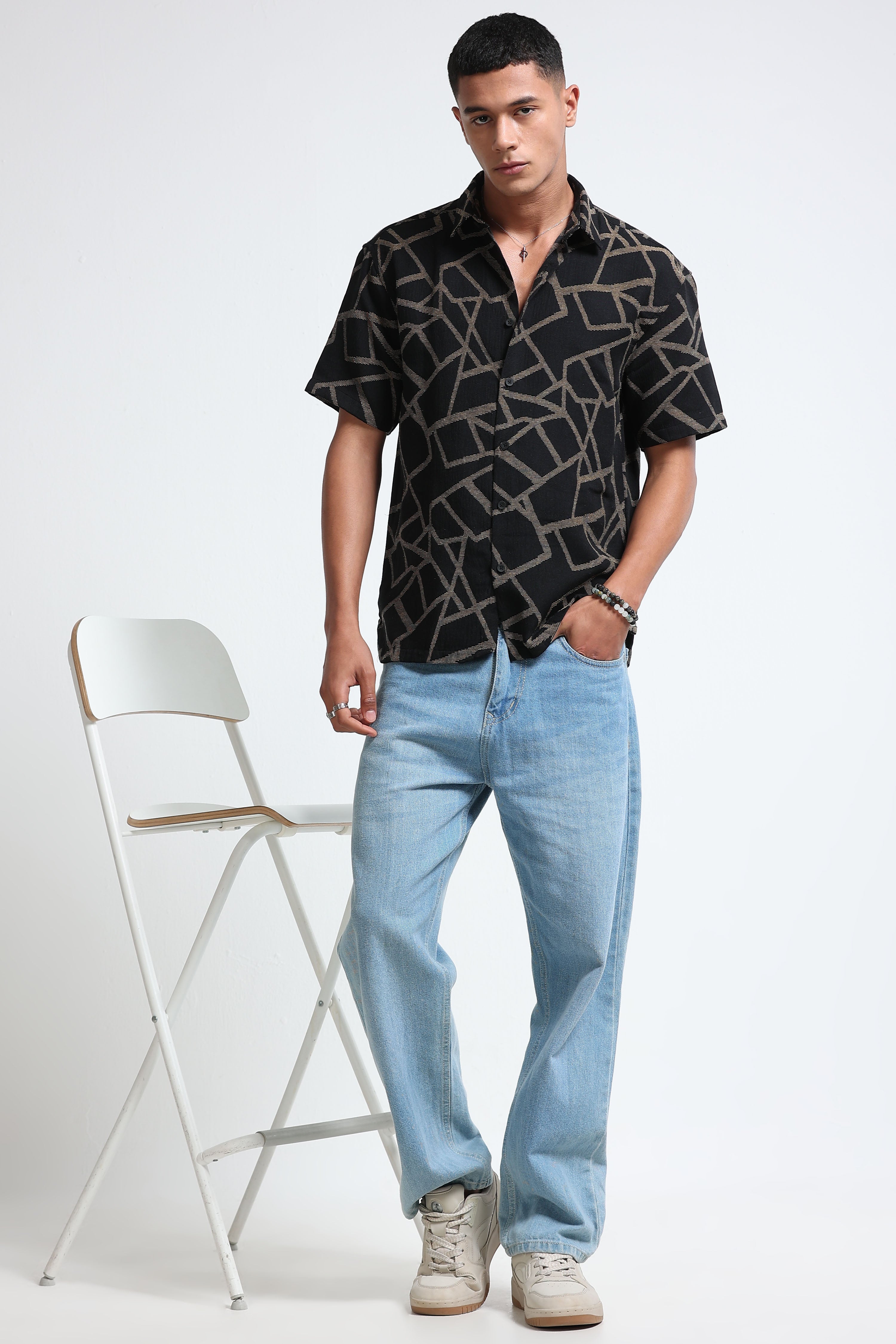 Men Yellow Jacquard Boxy Fit Shirt