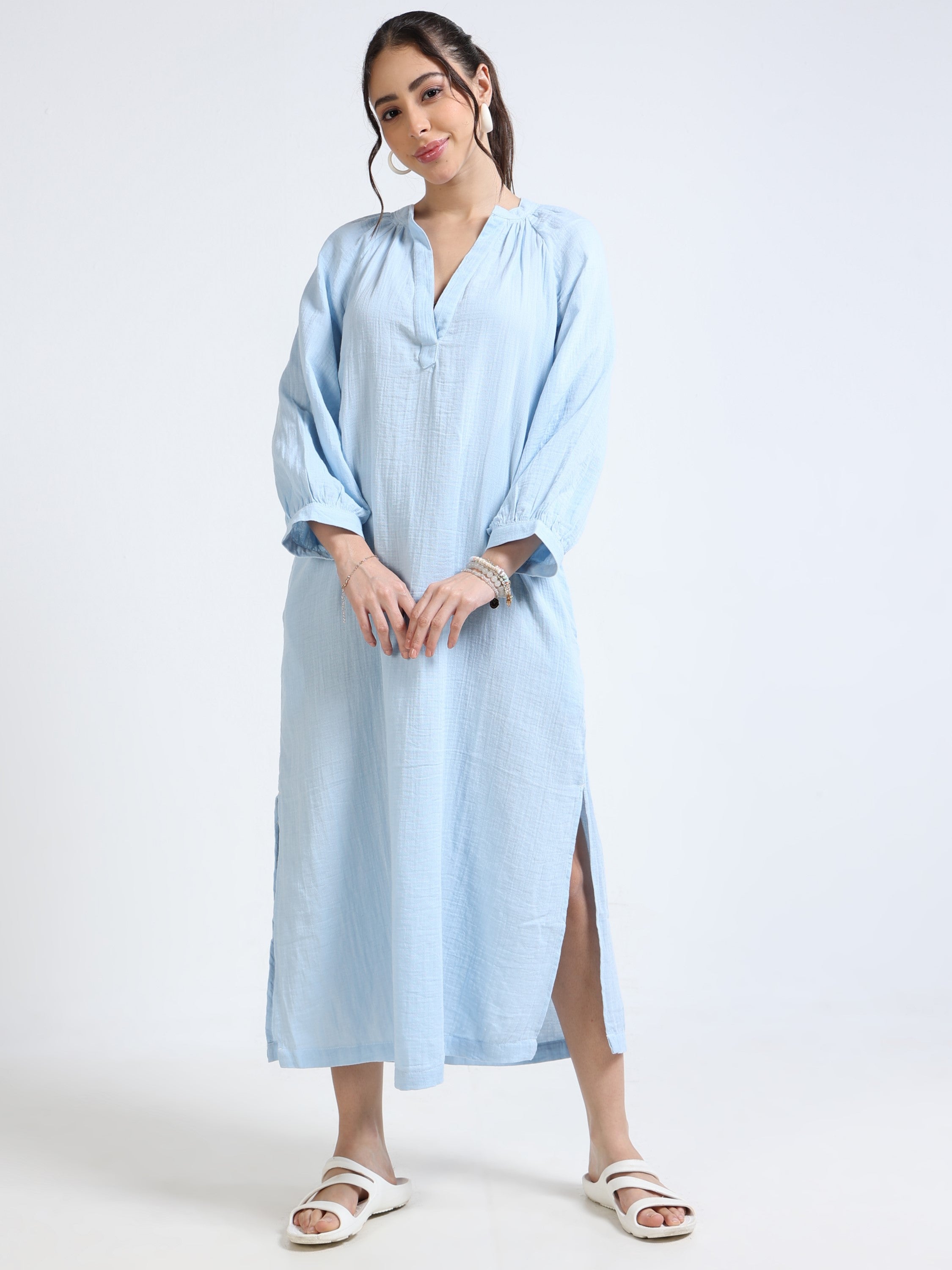 Women Blue Oversized Double cloth dress