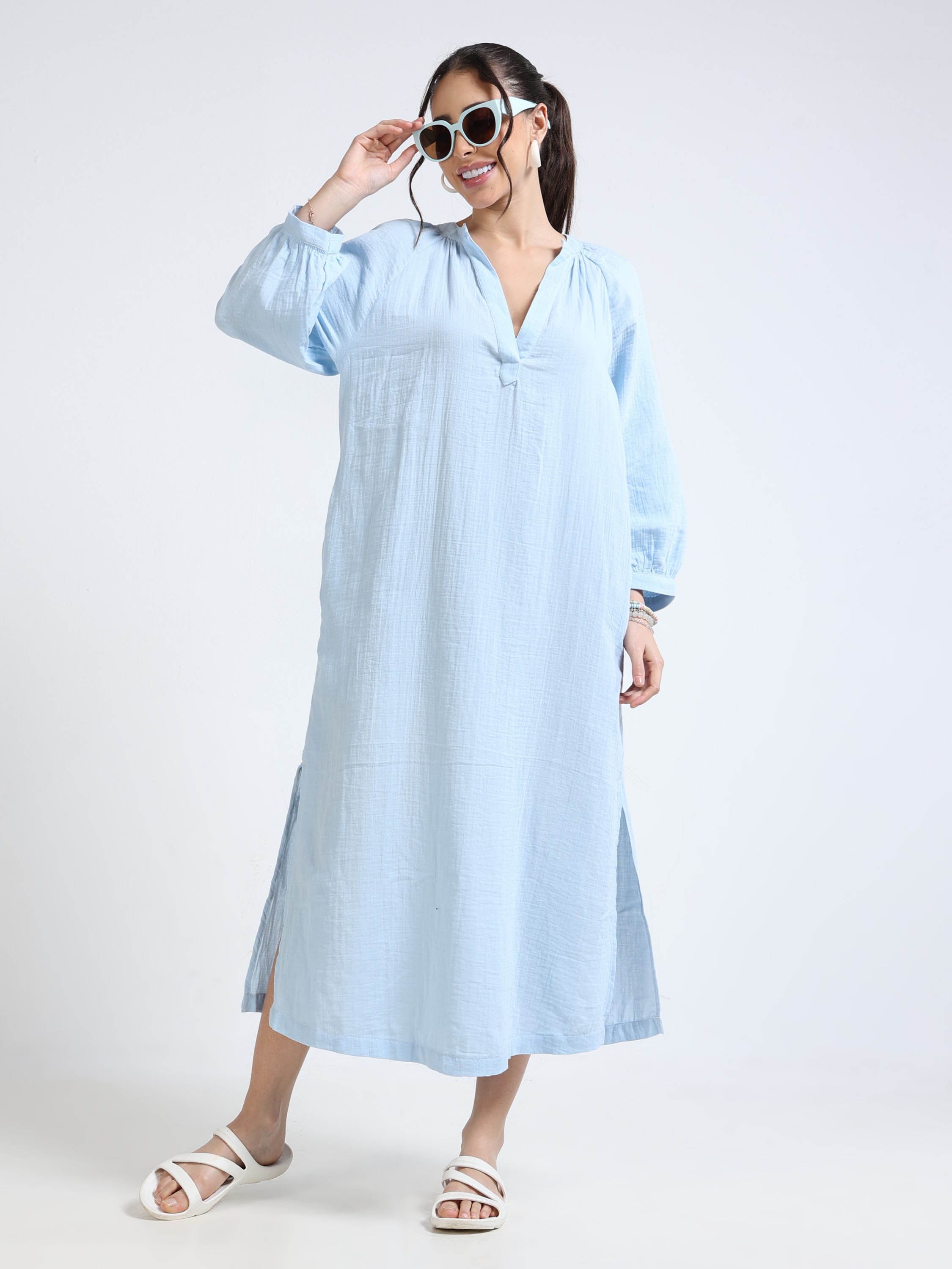 Women Blue Oversized Double cloth dress