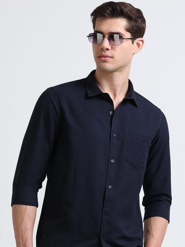 Men Navy Solid Polyester Casual Shirts