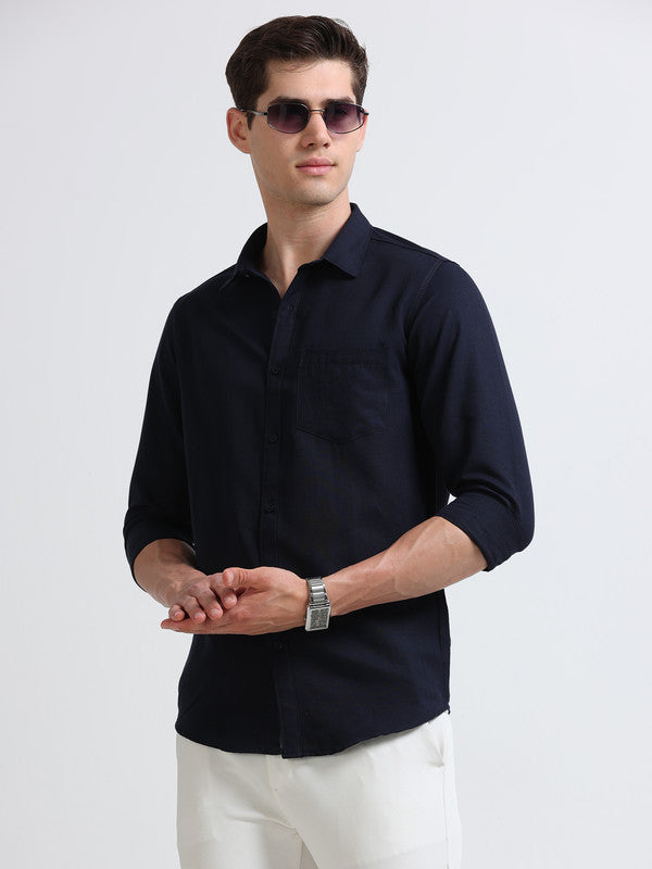 Men Navy Solid Polyester Casual Shirts