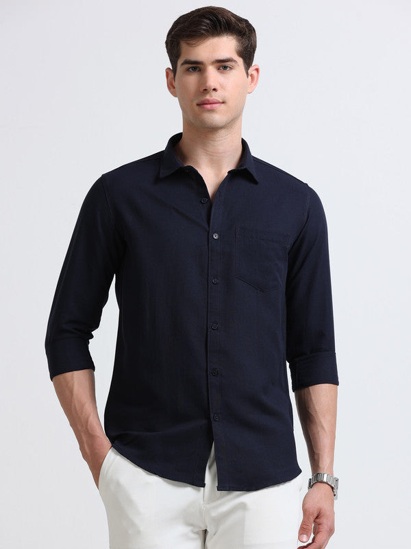 Men Navy Solid Polyester Casual Shirts