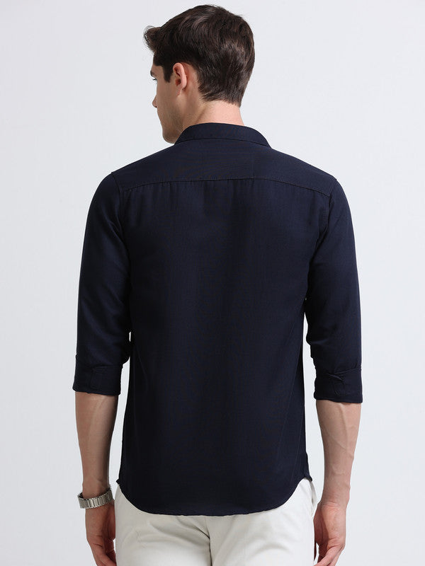 Men Navy Solid Polyester Casual Shirts