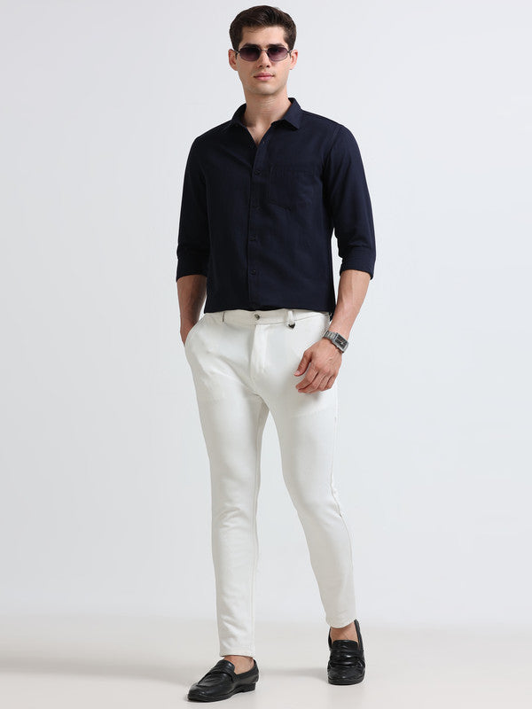 Men Navy Solid Polyester Casual Shirts