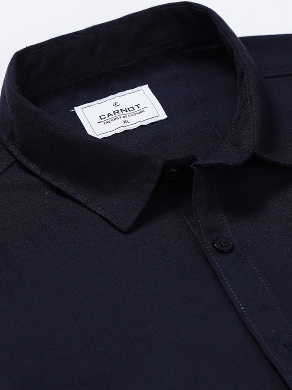 Men Navy Solid Polyester Casual Shirts