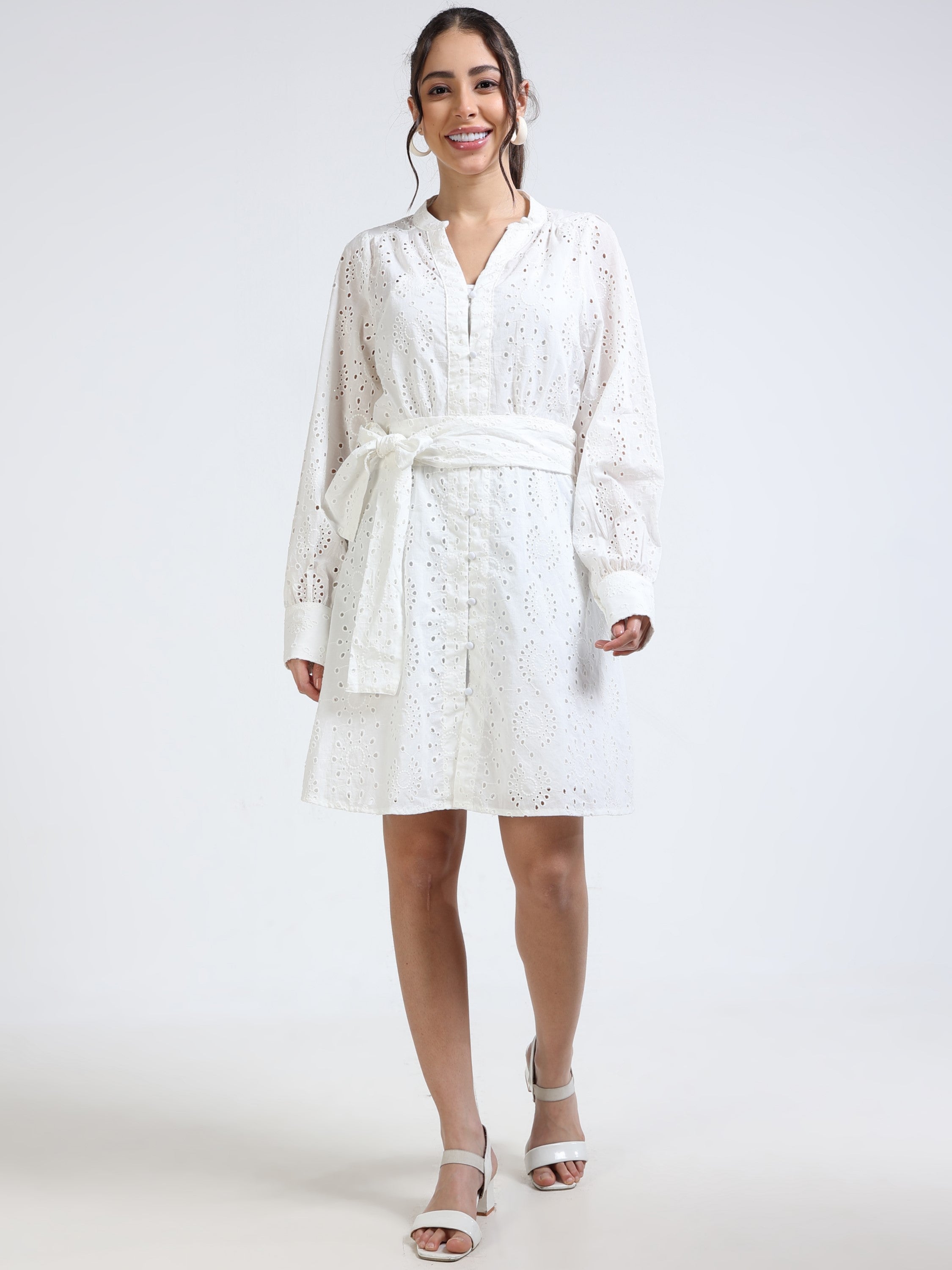 Women White Midi Shiffli Dress
