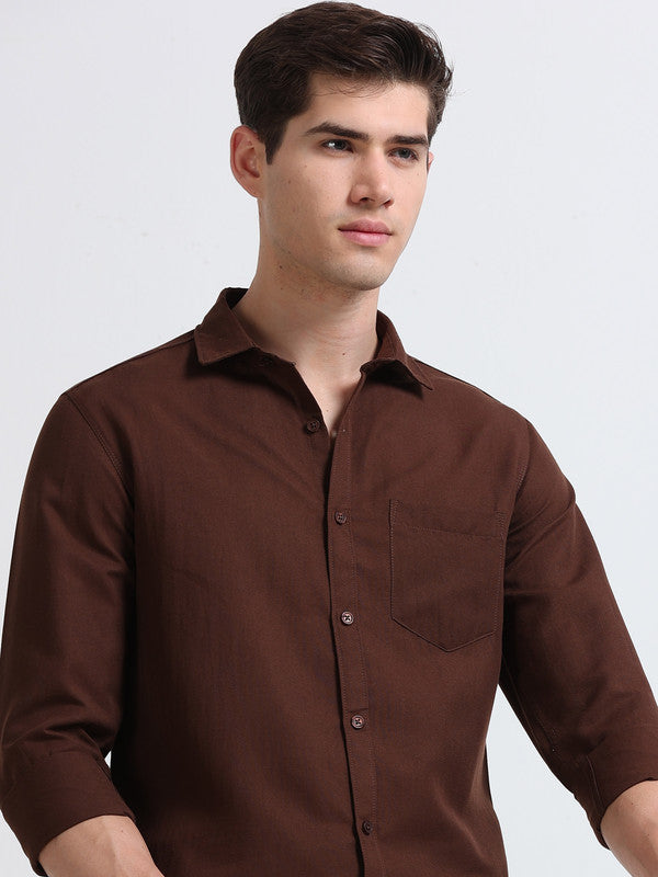 Men Brown Solid Polyester Casual Shirts