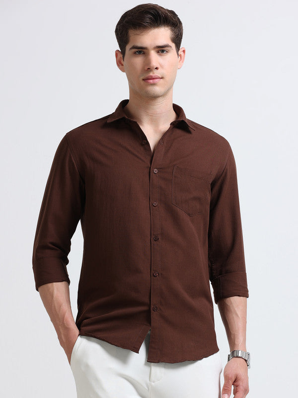 Men Brown Solid Polyester Casual Shirts