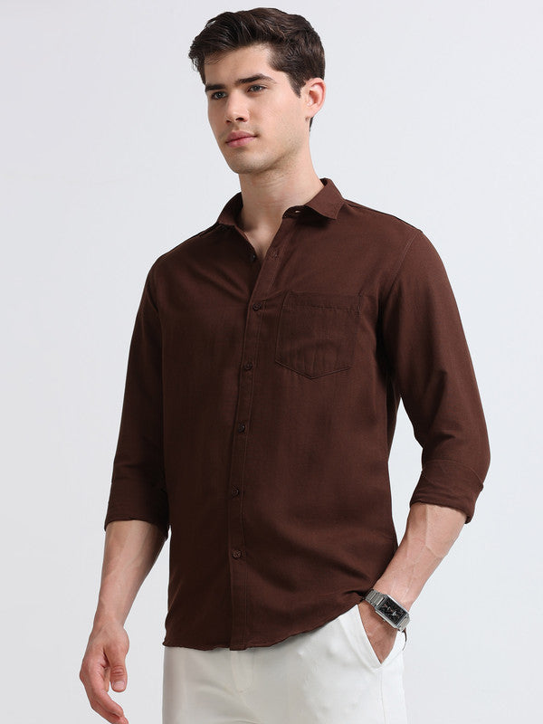 Men Brown Solid Polyester Casual Shirts