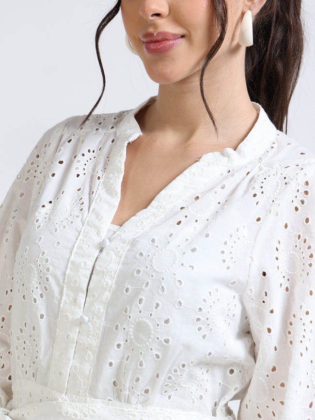 Women White Midi Shiffli Dress