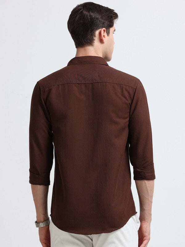 Men Brown Solid Polyester Casual Shirts