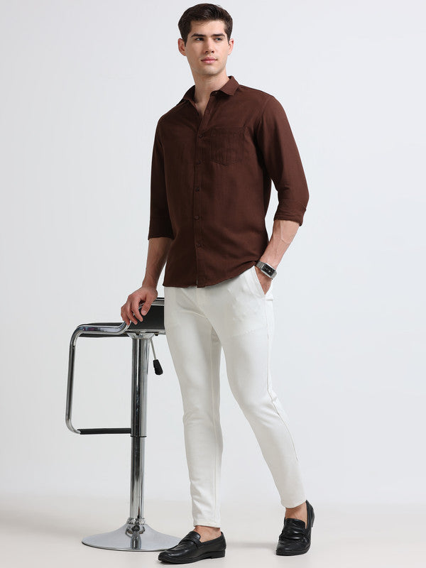 Men Brown Solid Polyester Casual Shirts