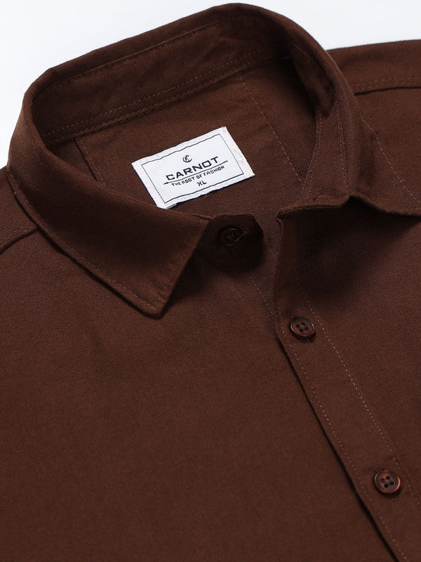 Men Brown Solid Polyester Casual Shirts