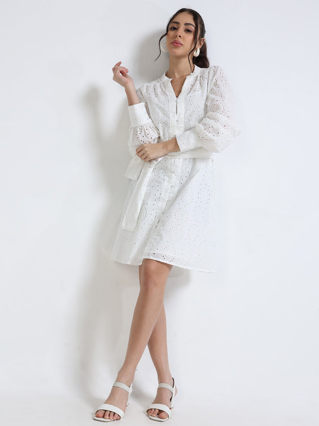 Women White Midi Shiffli Dress