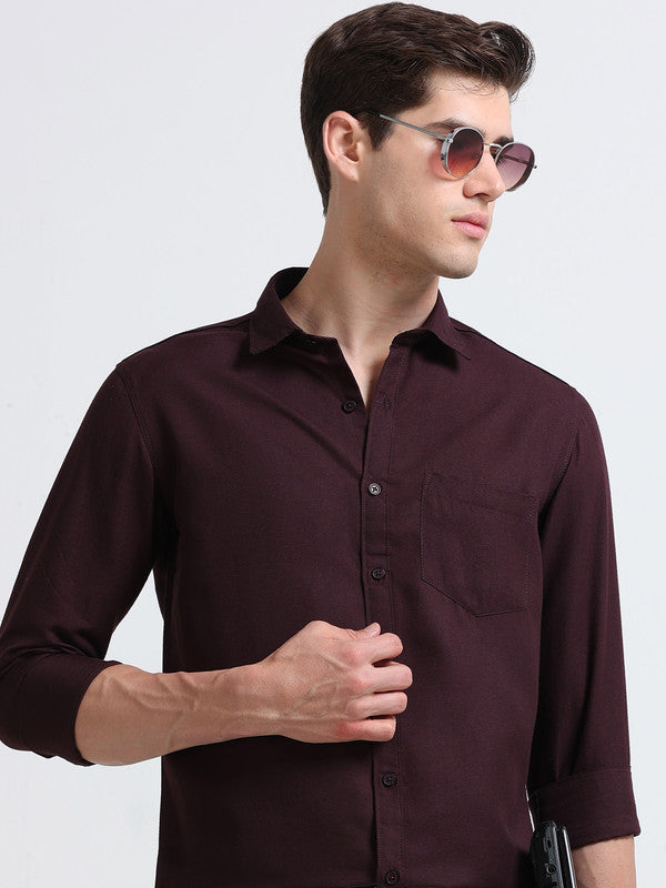 Men Maroon Solid Polyester Casual Shirts
