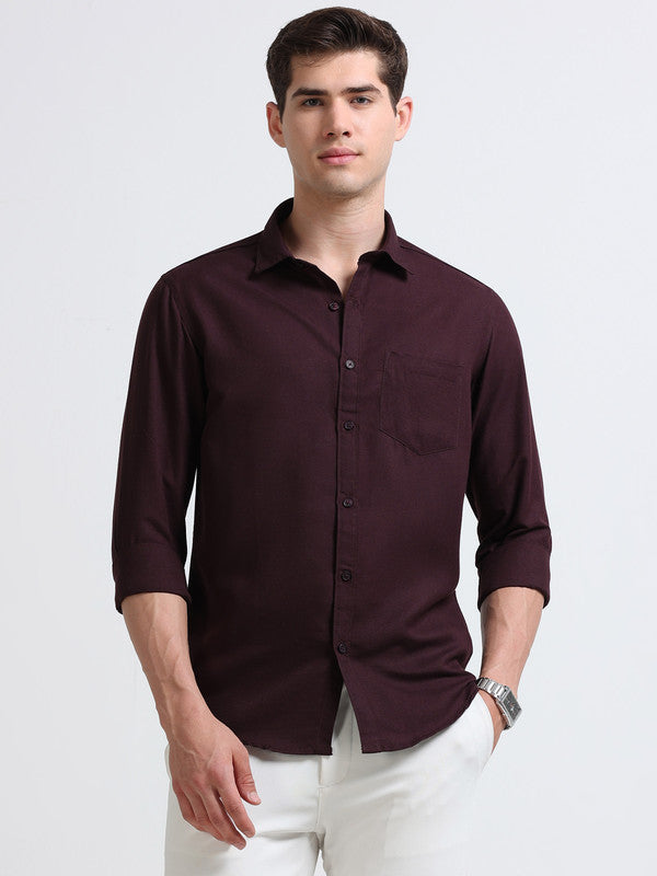 Men Maroon Solid Polyester Casual Shirts