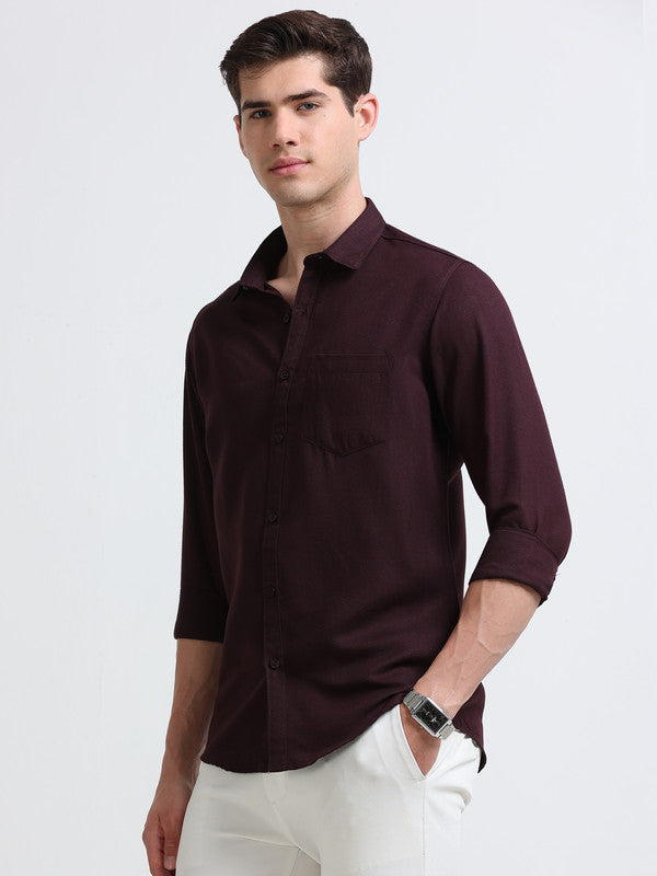 Men Maroon Solid Polyester Casual Shirts