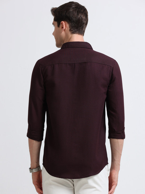Men Maroon Solid Polyester Casual Shirts