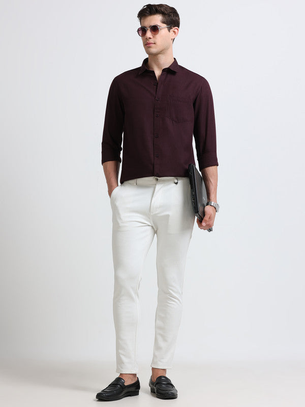Men Maroon Solid Polyester Casual Shirts